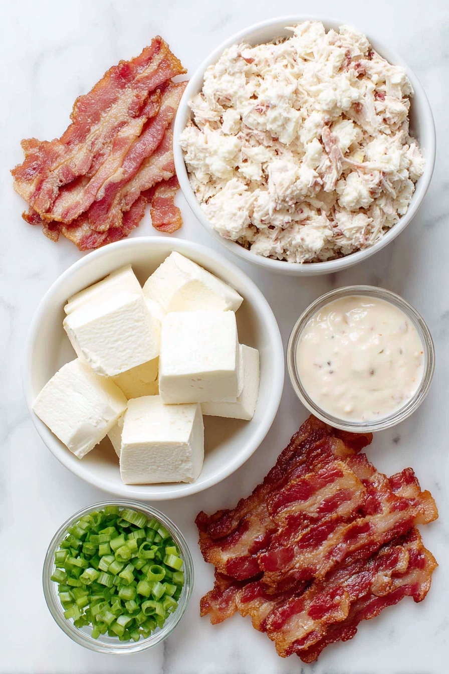 Keto Chicken Bacon Ranch Taquitos Recipe 7 Flat lay of six fresh slices of creamy white mozzarella cheese, a small white ceramic bowl filled with shredded cooked chicken meat, two to three crispy cooked bacon slices arranged neatly, a small white bowl with pale creamy low carb ranch dressing, and a few bright green chopped green onion sprigs scattered delicately, all placed on a clean white marble surface, soft natural light, photo taken with an iPhone, professional food photography style, fresh ingredients, white ceramic bowls, no bottles, no duplicates, no utensils, no packaging --ar 2:3 --v 7 --p m7354615311229779997 - Keto Chicken Bacon Ranch Taquitos, keto snack recipes, low carb taquitos, cheesy keto appetizers, easy keto party snacks