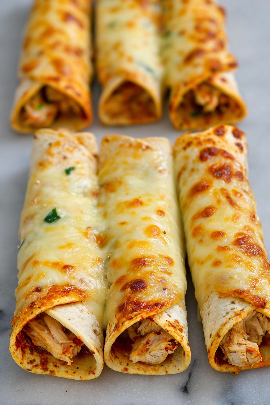 Keto Chicken Bacon Ranch Taquitos Recipe 6 The image shows six baked rolled tortillas place in two rows on a white marbled surface. Each tortilla is filled with cooked chicken pieces and some green herbs visible near the tortilla ends. The tortillas are covered with a thick layer of melted, golden-brown cheese that looks soft and slightly bubbly, wrapping around each roll tightly. The tortillas have a light brown baked texture with some darker crisped edges. The focus is on the two front rows of tortillas, emphasizing the cheese’s smooth and shiny surface. Photo taken with an iphone --ar 2:3 --v 7 - Keto Chicken Bacon Ranch Taquitos, keto snack recipes, low carb taquitos, cheesy keto appetizers, easy keto party snacks