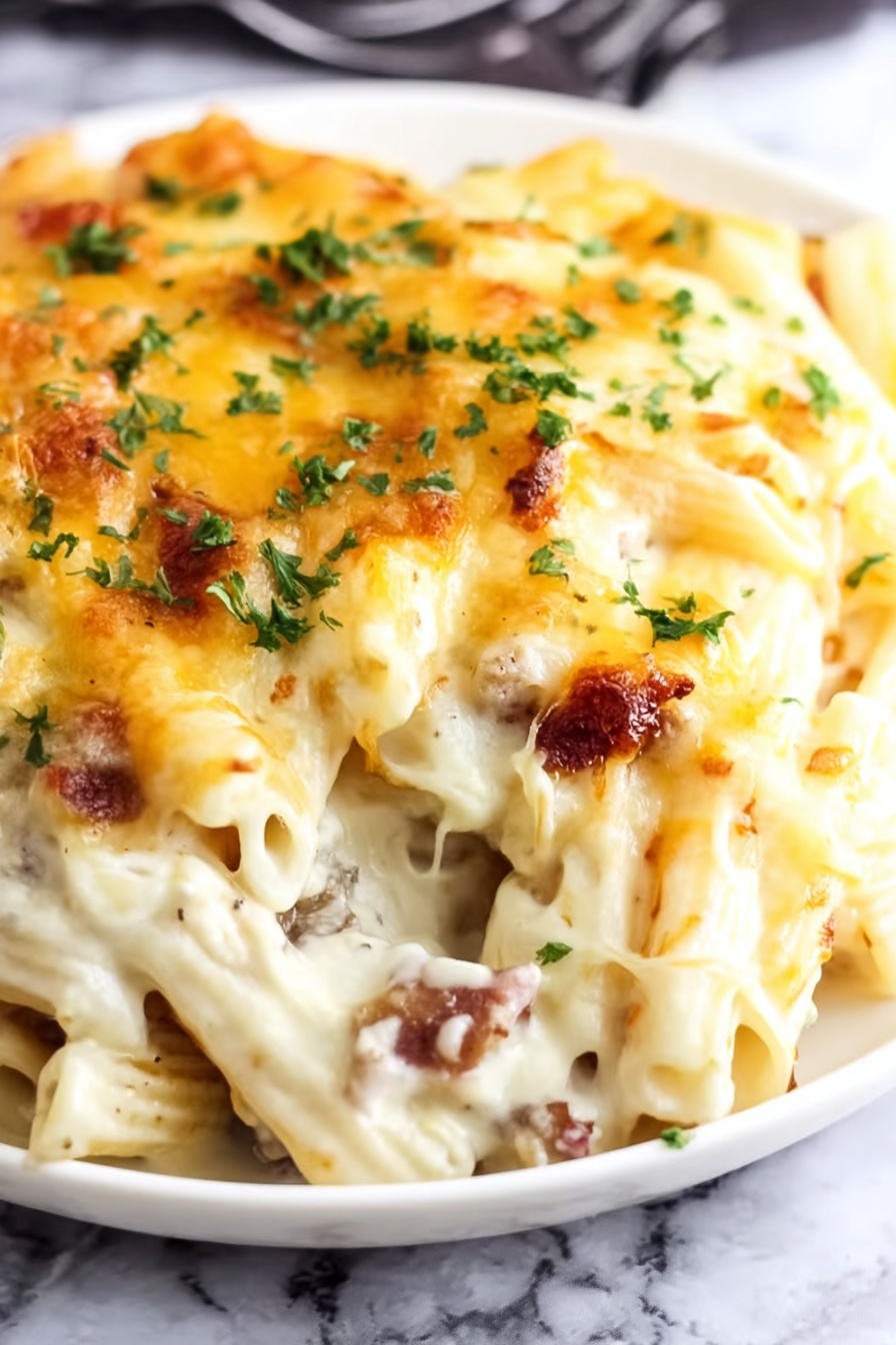 Crack Chicken Penne Skillet Recipe 8 This close-up image shows a white spoon lifting a portion of a creamy pasta dish from a deep white bowl. The pasta is covered with melted, stretchy cheese that pulls as the spoon lifts a bite-sized piece. The dish has layers of rich white sauce, melted yellow cheese, small green parsley pieces scattered on top, and bits of red ingredients adding color contrast. The background surface is a white marbled texture with a soft blue blur. photo taken with an iphone --ar 2:3 --v 7 - Crack Chicken Penne Skillet, creamy chicken pasta, cheesy skillet dinner, easy weeknight pasta, loaded chicken penne