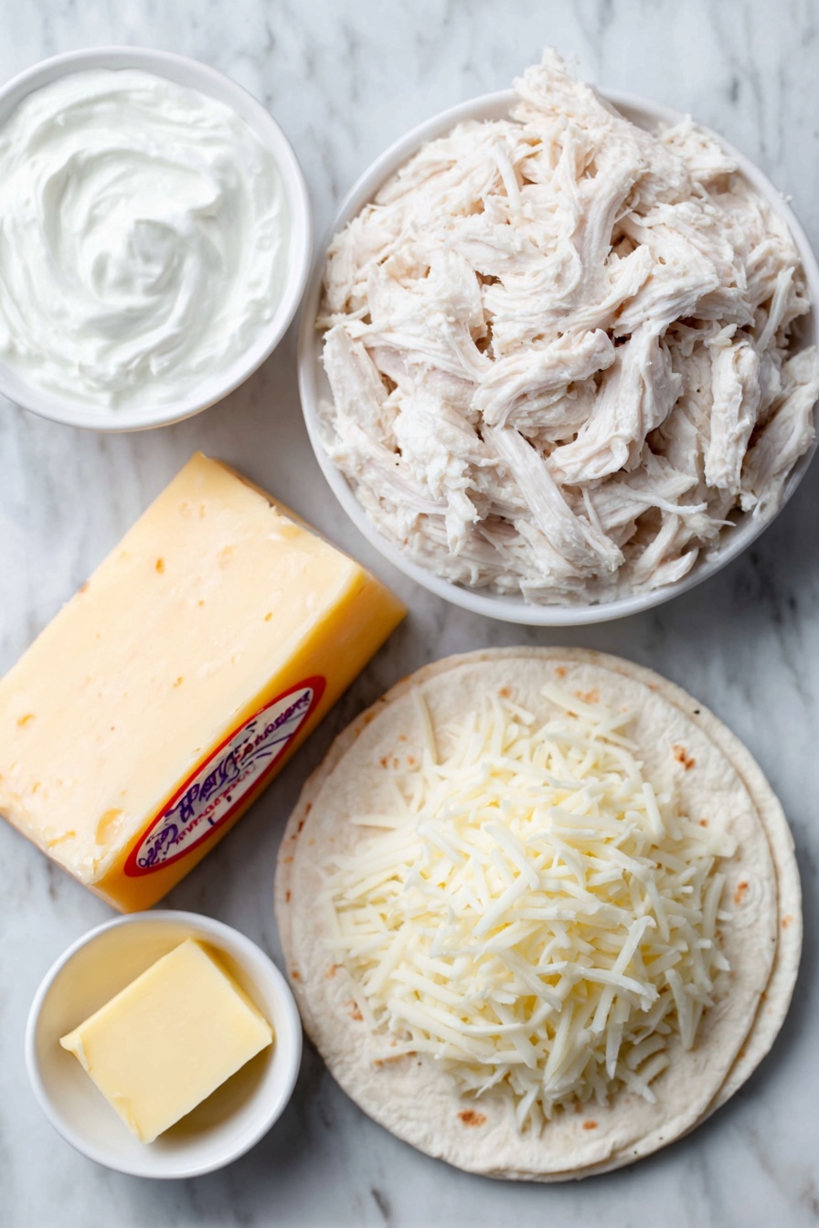 High-Protein Chicken Ranch Quesadilla Recipe 7 Flat lay of a single low-carb tortilla laid flat, a small white ceramic bowl filled with shredded rotisserie chicken, a few thick dollops of creamy full-fat Greek yogurt beside it in a small white bowl, a whole Laughing Cow cheese wedge with its soft red rind, a neat pile of shredded mozzarella cheese from block, a small white bowl containing a golden-yellow butter pat, and a pinch of ranch seasoning displayed as a sprinkle on a simple white ceramic plate, all ingredients fresh and natural, perfectly balanced and symmetrically arranged, placed on a clean white marble surface, soft natural light, photo taken with an iPhone, professional food photography style, fresh ingredients, white ceramic bowls, no bottles, no duplicates, no utensils, no packaging --ar 2:3 --v 7 --p m7354615311229779997 - High-Protein Chicken Ranch Quesadilla, healthy chicken quesadilla, protein-packed snack, easy chicken lunch, cheesy ranch quesadilla