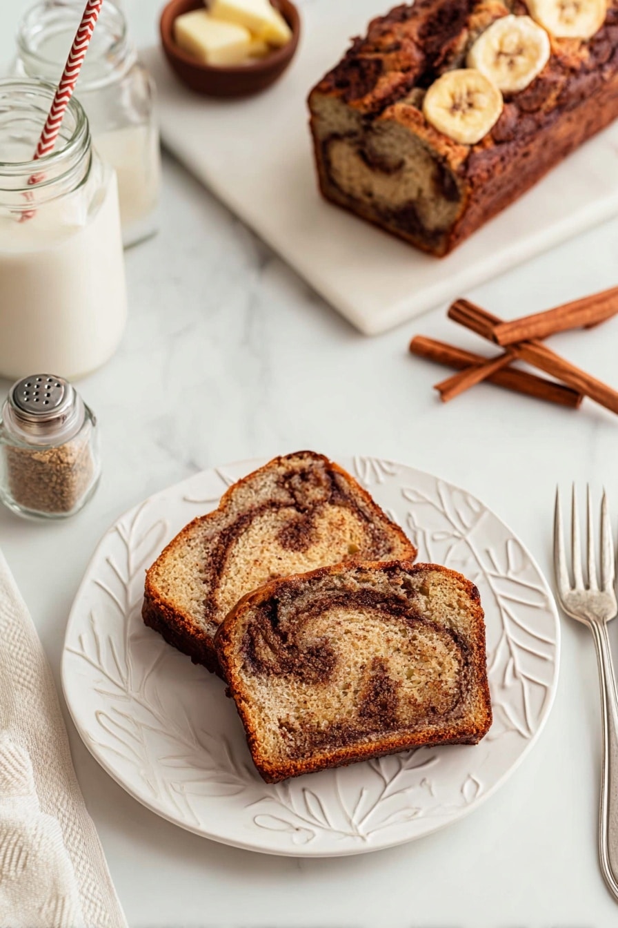 Cinnamon Banana Bread with Swirl Recipe 6 A thick loaf of banana bread is shown close-up on a smooth white marbled surface. The bread has two main layers: a light golden brown base with a moist, dense texture and darker brown swirls of cinnamon or chocolate running through it. The top crust is darker brown, slightly crumbly, and uneven with a few cracks and a lighter slice of banana on top, adding texture. Small crumbs scatter around the loaf’s base. The background is softly blurred white tiles, giving a clean, simple feel. photo taken with an iphone --ar 2:3 --v 7 - Cinnamon Banana Bread with Swirl, banana bread with cinnamon swirl, moist banana bread with cinnamon, easy cinnamon banana loaf, flavorful banana bread dessert