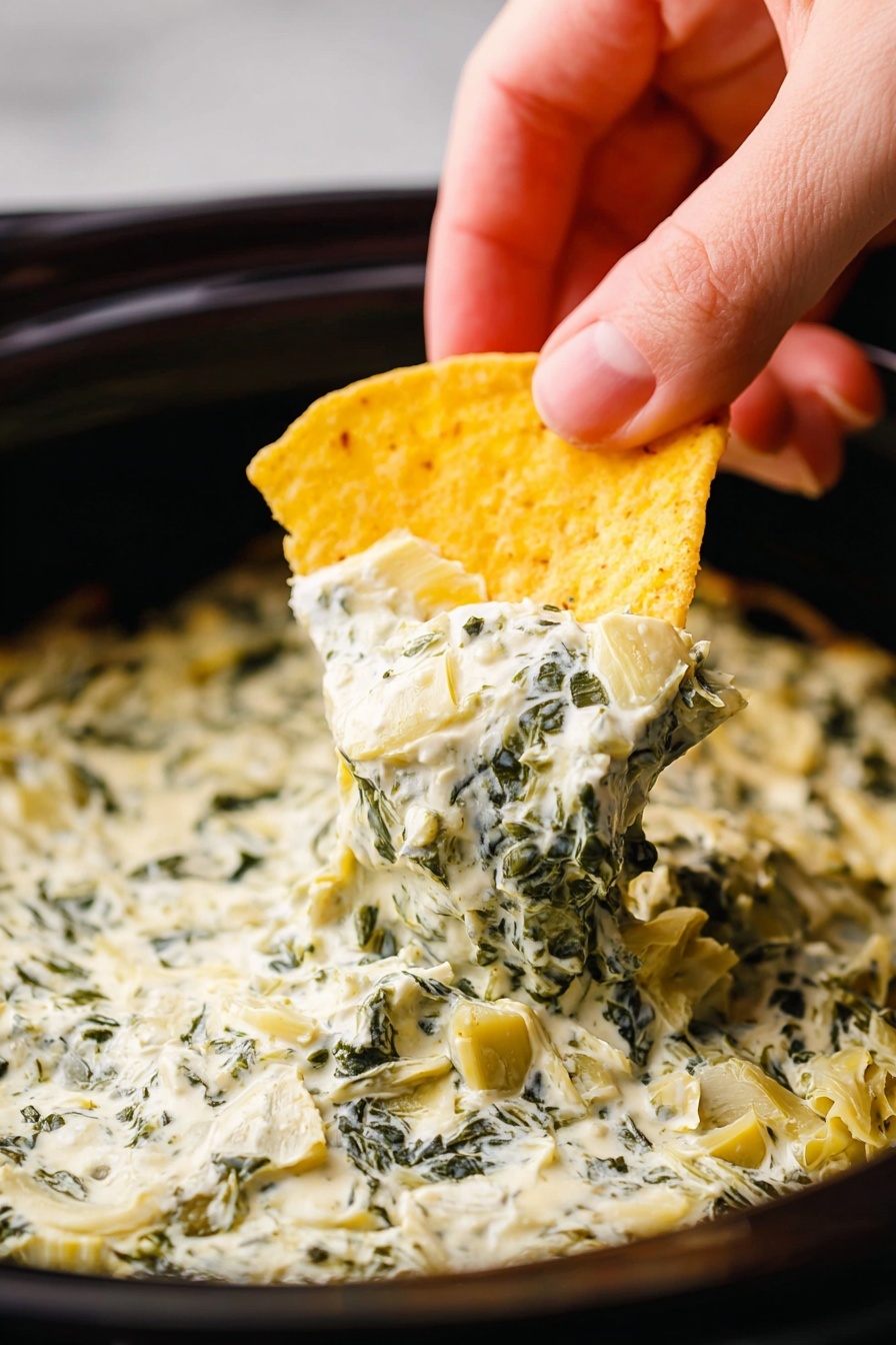 A close-up view of a yellow corn chip being dipped into a thick, creamy dip full of chopped spinach and artichoke pieces. The dip is pale off-white with green spinach bits and small chunks of pale yellow artichoke, filling the inside of a dark bowl with a smooth edge. A woman's hand is holding the chip from above, with fingers visible and a soft light highlighting the textures. The background is blurred but changes to white marbled texture as per instructions. photo taken with an iphone --ar 2:3 --v 7 - Crock Pot Spinach Artichoke Dip, easy spinach artichoke dip, cheesy slow cooker appetizer, creamy spinach dip, appetizer recipes for parties