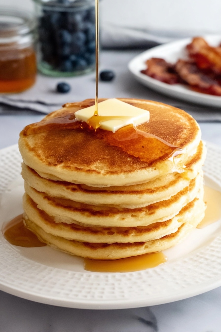 Easy Homemade Pancake Recipe 8 A stack of seven golden brown pancakes with a soft, fluffy texture is placed in the center of a white plate with a subtle raised pattern around the edge. On the top pancake, there is a square piece of pale yellow butter melting slightly as thick amber syrup is poured over it, dripping down the sides of the stack and pooling onto the plate. The white marbled surface beneath the plate is softly visible, with blurred objects in the background including a jar of blueberries, a glass bottle, and a plate of crispy bacon. Photo taken with an iphone --ar 2:3 --v 7 - Easy Homemade Pancake, homemade pancake recipe, fluffy pancake recipe, simple breakfast pancakes, beginner pancake recipe