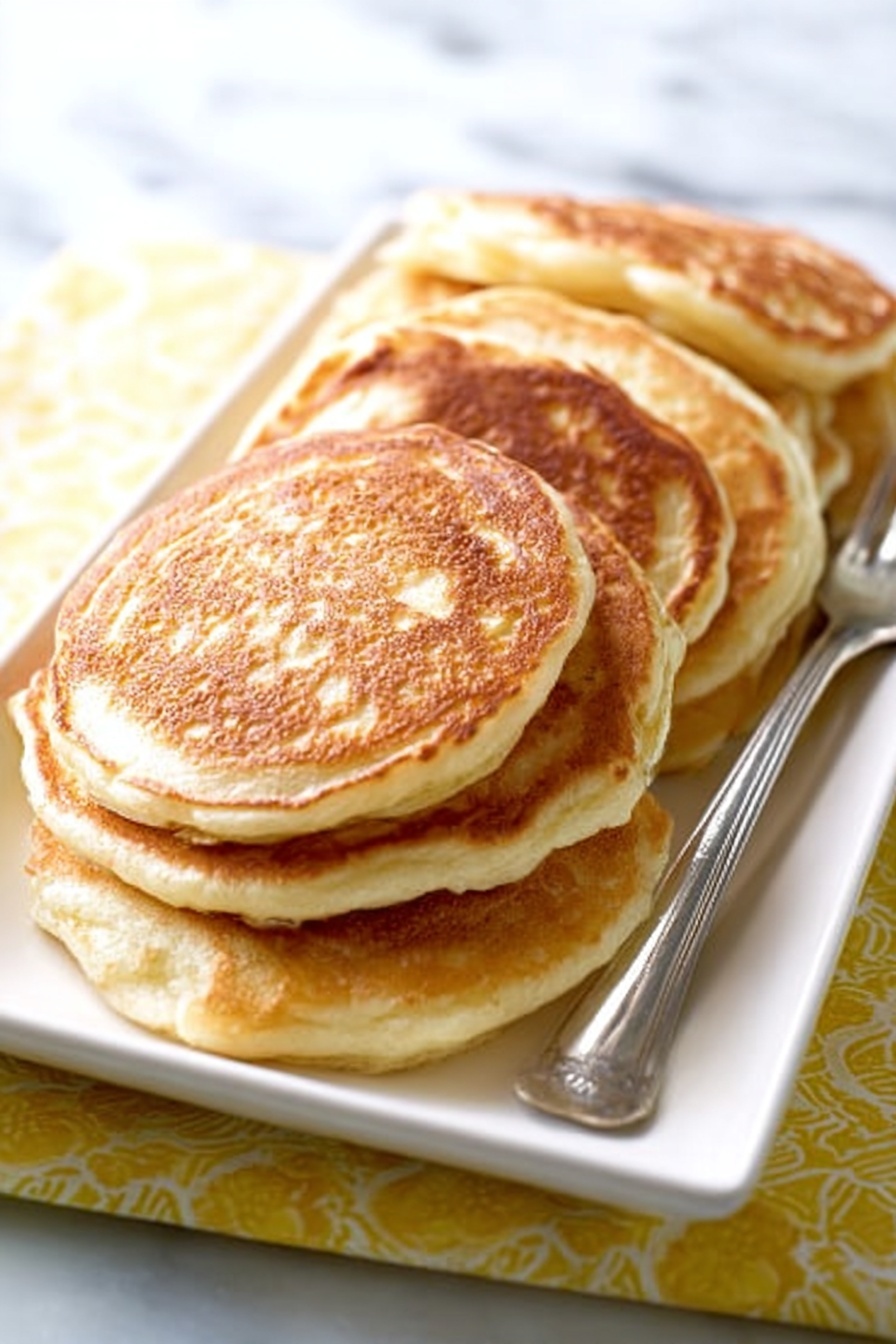 A white rectangular plate holds a stack of seven golden-brown pancakes, each pancake round with slightly uneven edges. The pancakes have a soft, fluffy texture with lighter inside sides and a warm, toasted surface on top. A silver fork rests on the right side of the plate, partially touching the pancakes. The plate sits on a white marbled surface with a yellow and white patterned cloth partially visible under the plate. Photo taken with an iphone --ar 2:3 --v 7 - Vanilla Greek Yogurt Pancakes, fluffy pancake recipe, easy breakfast ideas, healthy breakfast recipes, Greek yogurt pancake