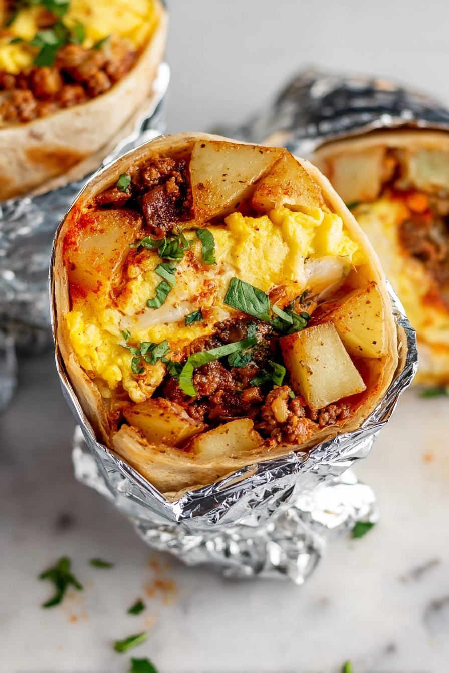 Chorizo Breakfast Burrito Recipe 8 The image shows a close-up of a breakfast burrito wrapped in silver foil, with the top open to reveal its layers. The burrito has a soft, light brown tortilla shell wrapped tightly around the filling. Inside, there are three main visible layers: the top layer is bright yellow scrambled eggs with a soft texture, the middle layer contains golden roasted potato chunks with a slightly crispy look, and the bottom layer has cooked ground meat that is brownish-red and crumbly. Fresh green herbs are sprinkled over the filling, adding contrast and freshness. The burrito is resting on a white marbled surface, and more wrapped burritos are seen nearby. photo taken with an iphone --ar 2:3 --v 7 - Chorizo Breakfast Burrito, breakfast burrito recipe, spicy breakfast recipes, easy breakfast ideas, savory brunch recipes