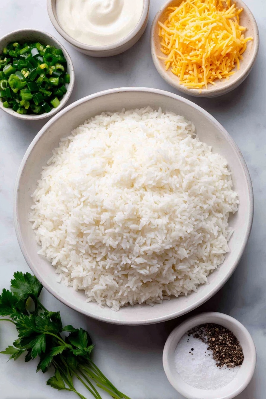 Green Chili Rice Casserole Recipe 7 Flat lay of cooked fluffy white rice in a neat mound, a small white ceramic bowl filled with fresh chopped green chilis, shredded bright orange cheddar cheese scattered in a small pile, a small white bowl of thick creamy sour cream, a small white bowl holding fine white garlic powder, a small white bowl with coarse white salt crystals, a small white bowl containing ground black pepper, fresh green parsley sprigs arranged delicately, all arranged with perfect symmetry on a clean white marble surface, soft natural light, photo taken with an iPhone, professional food photography style, fresh ingredients, white ceramic bowls, no bottles, no duplicates, no utensils, no packaging --ar 2:3 --v 7 --p m7354615311229779997 - Green Chili Rice Casserole, easy casserole recipes, cheesy rice bake, comfort food recipes, quick weeknight dinners