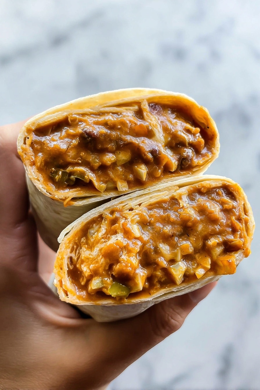 A close-up image shows two halves of a burrito held by a woman's hand. Each half reveals thick, smooth layers of brownish-orange sauce mixed with small chunks of vegetables and melted cheese. The tortilla wrap is light beige and soft, tightly holding the filling inside. The background is a white marbled texture. Photo taken with an iphone --ar 2:3 --v 7 - Cheesy Bean Burritos, easy bean burritos, cheesy burritos recipe, quick dinner ideas, hearty Mexican burritos