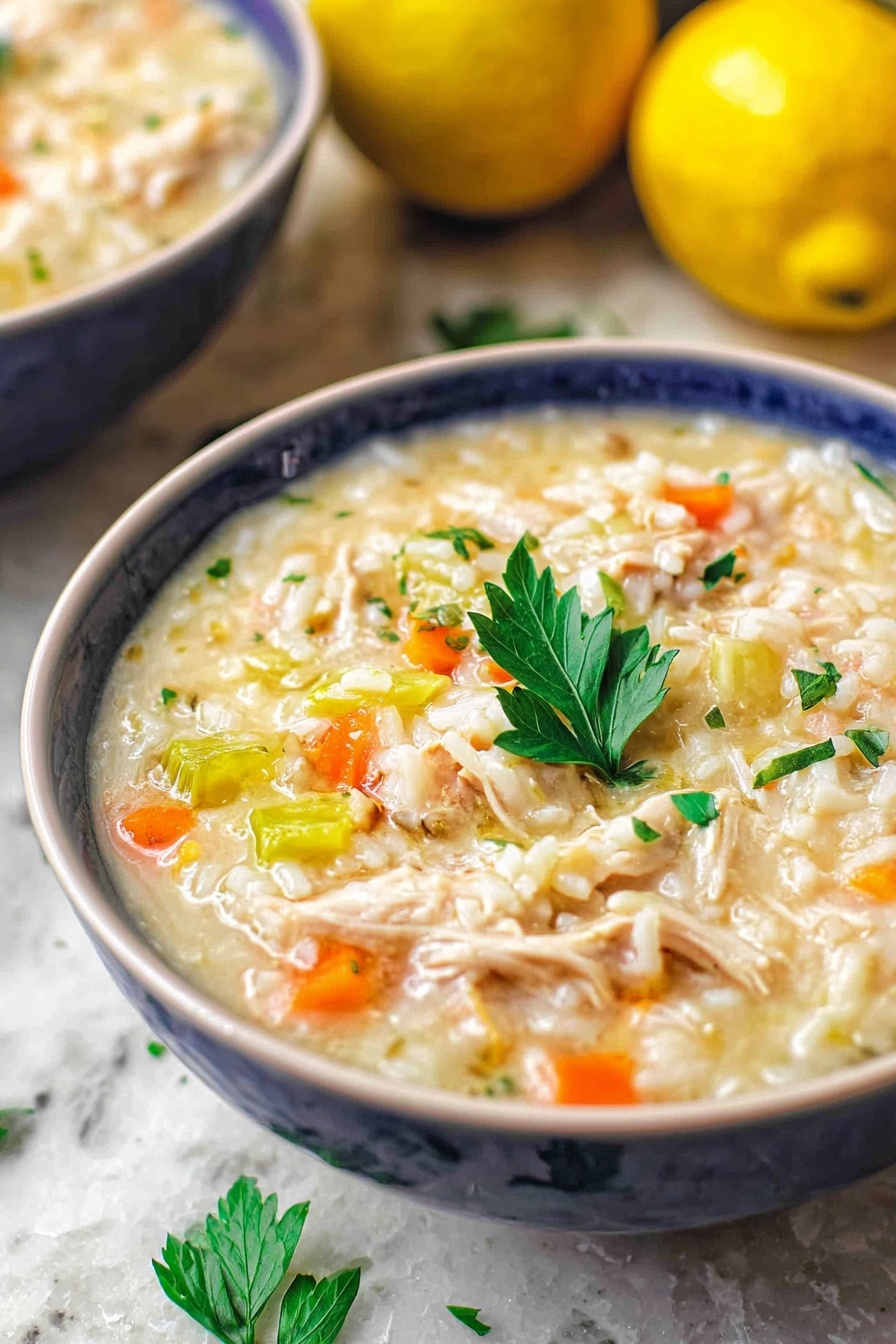 A close-up image of creamy chicken and rice soup in a white bowl, showing visible chunks of cooked white chicken pieces, soft orange carrot bits, and small green herb leaves scattered throughout the thick, white broth mixed with tender rice grains. A silver spoon holds a spoonful of the soup just above the bowl, capturing the creamy texture and colorful vegetables in detail. The bowl is placed on a white marbled surface, with halves of fresh lemons blurred in the background, adding a hint of yellow contrast. photo taken with an iphone --ar 2:3 --v 7 - Greek Lemon Chicken Soup, Avgolemono, Greek chicken soup, lemon chicken soup, comforting Greek soup