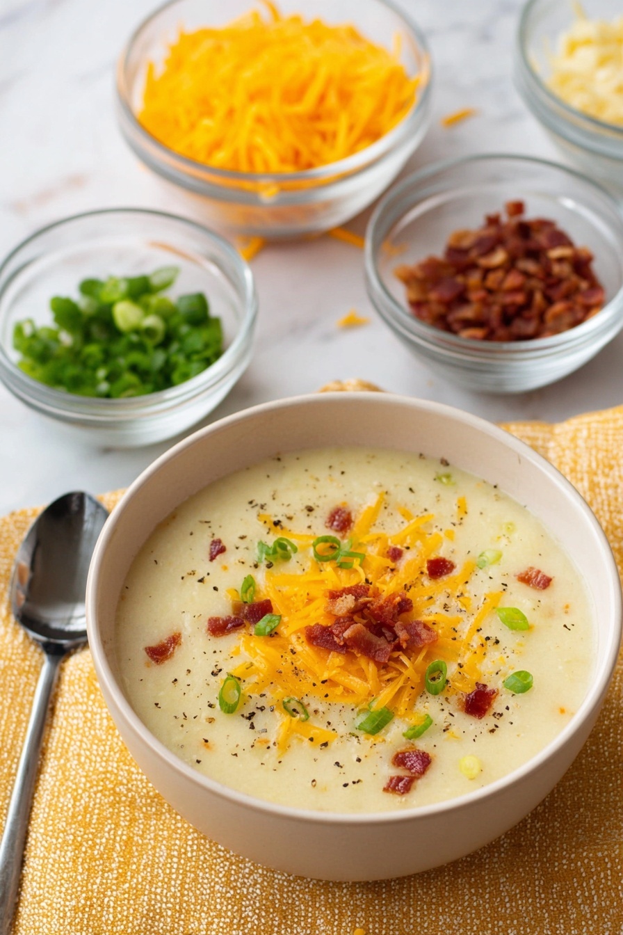 Creamy Potato Soup Recipe 8 A bowl of creamy, thick potato soup sits at the center on a white marbled surface. The soup is light beige with black pepper sprinkled throughout. On top, there is a layer of bright orange shredded cheddar cheese, small bits of crispy bacon, and chopped green onions scattered evenly. Around the bowl, there are small clear glass bowls containing shredded cheddar, bacon bits, and green onion pieces. A silver spoon lies next to the bowl on a textured yellow cloth. The photo taken with an iphone --ar 2:3 --v 7 - Creamy Potato Soup, easy potato soup recipe, comforting potato soup, quick dinner ideas, homemade potato soup