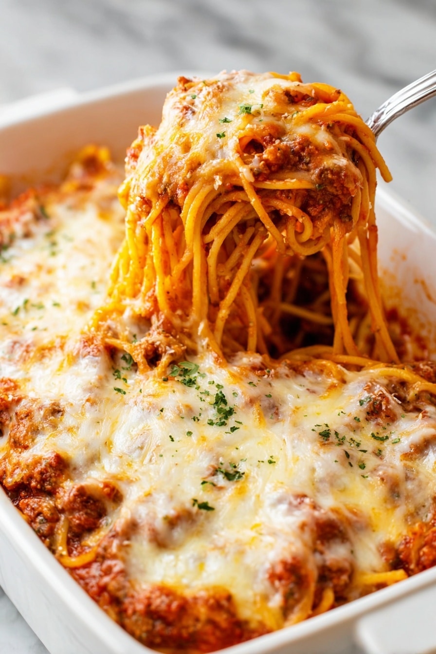 Million Dollar Spaghetti Bake Recipe 6 A white rectangular dish filled with baked spaghetti shows two main layers visible; the bottom layer is thick spaghetti noodles mixed with a rich red meat sauce, and the top layer is a generous covering of melted golden cheese with some browned spots and small green herb bits sprinkled on top. A silver spoon lifts a mound of the spaghetti and cheese, showing the strings of noodles coated in sauce with bits of cooked meat, and the melted cheese stretches slightly from the dish. The dish is placed on a white marbled surface. Photo taken with an iphone --ar 2:3 --v 7 - Million Dollar Spaghetti Bake, cheesy Italian casserole, easy comfort food recipes, family favorite pasta bake, savory sausage spaghetti