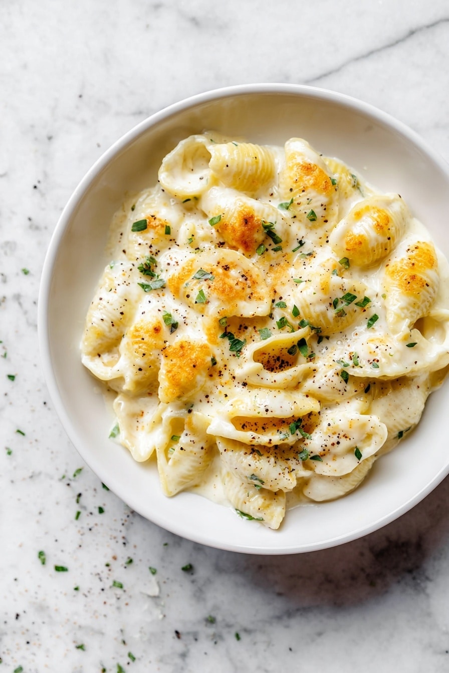 Cheese Tortellini Alfredo Bake Recipe 6 The image shows a bowl filled with one main layer of pasta shells that are covered in a creamy white cheese sauce with a few golden brown spots where the cheese has melted and slightly browned. The pasta is garnished with small green herb pieces scattered on top. The bowl is white and rests on a white marbled surface with a few tiny herb bits around it. The cheese sauce looks smooth and thick, lightly speckled with black pepper. Photo taken with an iphone --ar 2:3 --v 7 - Cheese Tortellini Alfredo Bake, creamy baked pasta, cheesy tortellini casserole, easy pasta dinner, comforting cheesy pasta dish