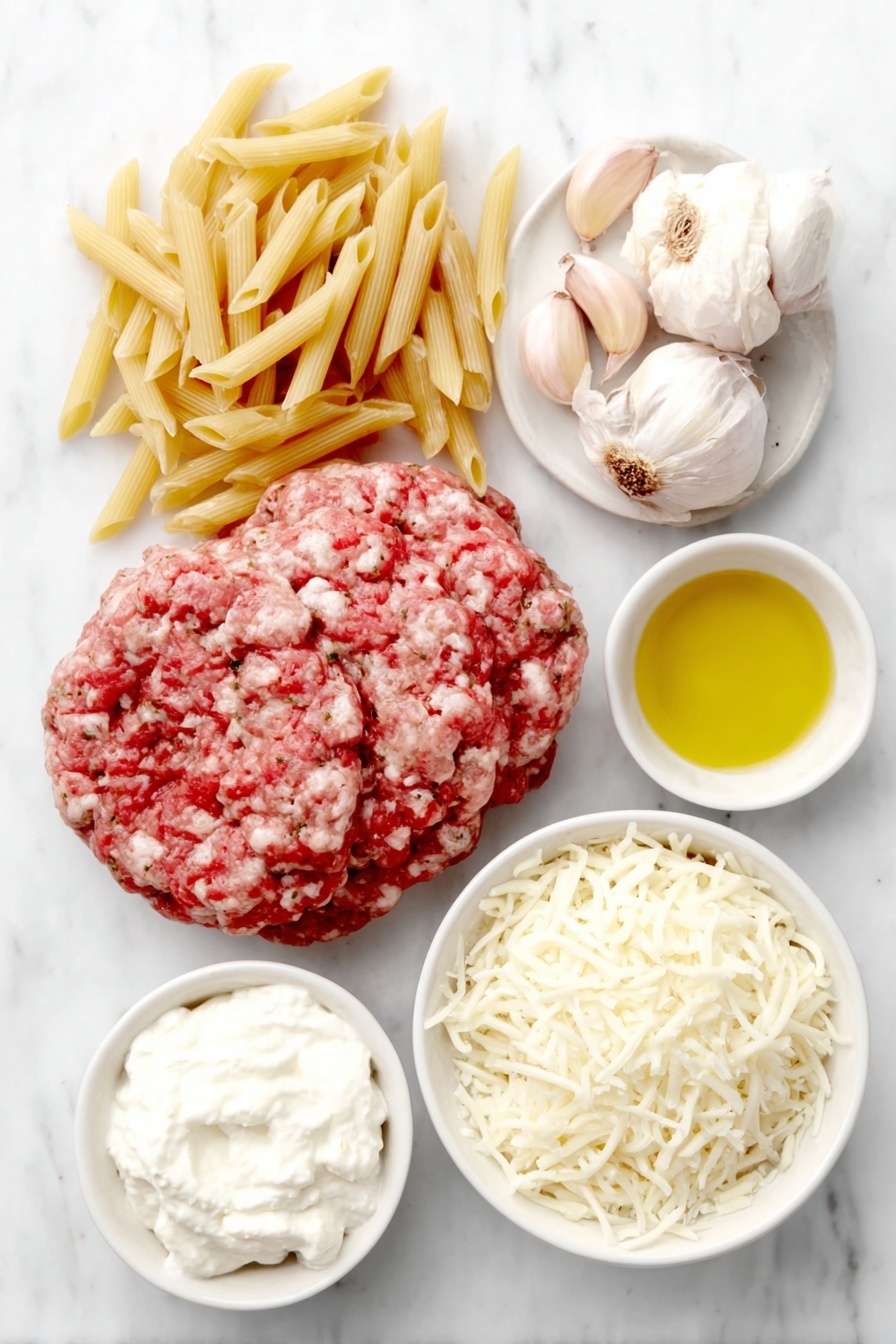 Cheesy Baked Ziti Recipe 7 Flat lay of a handful of dry ziti pasta, a small white bowl of bright red marinara sauce, a small white bowl of golden olive oil, a medium yellow onion diced finely, three whole uncracked brown garlic cloves, a portion of raw bulk Italian sausage with visible herbs, a small white bowl filled with creamy white whole milk ricotta cheese, a small white bowl of finely grated pale Parmesan cheese, a small white bowl of shredded white mozzarella cheese, placed on a clean white marble surface, soft natural light, photo taken with an iPhone, professional food photography style, fresh ingredients, white ceramic bowls, no bottles, no duplicates, no utensils, no packaging --ar 2:3 --v 7 --p m7354615311229779997 - Cheesy Baked Ziti, baked ziti recipe, Italian baked pasta, cheesy baked pasta dish, comfort food recipes