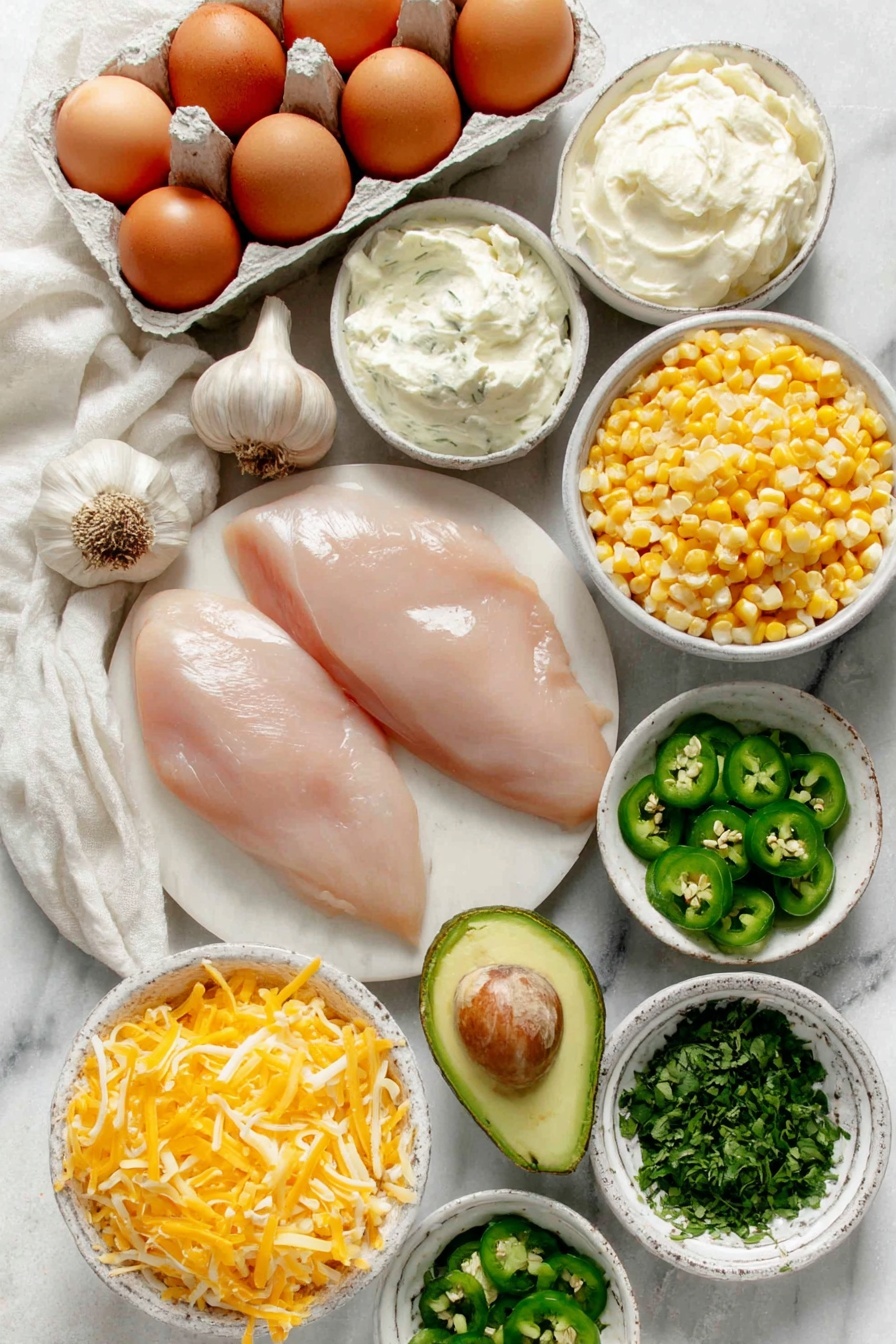 Creamy White Chicken Chili Recipe 7 Flat lay of boneless skinless chicken breasts with trimmed fat, a whole yellow onion, two whole uncracked brown eggs, two garlic bulbs with cloves separated, two small white ceramic bowls—one filled with creamy softened cream cheese, another with half and half, a small white ceramic bowl of golden whole kernel corn, a small white ceramic bowl of drained great Northern beans, two small white ceramic bowls containing diced green chiles (one mild, one hot), a small bunch of fresh cilantro sprigs, a small white ceramic bowl with sliced fresh jalapenos, a halved avocado showing bright green flesh, a small white ceramic bowl of shredded Monterey Jack cheese, and a small white ceramic bowl of finely minced fresh cilantro, all arranged symmetrically and balanced, placed on a clean white marble surface, soft natural light, photo taken with an iPhone, professional food photography style, fresh ingredients, white ceramic bowls, no bottles, no duplicates, no utensils, no packaging --ar 2:3 --v 7 --p m7354615311229779997 - Creamy White Chicken Chili, white chicken chili recipe, creamy chicken chili, easy white chili, comforting chicken chili