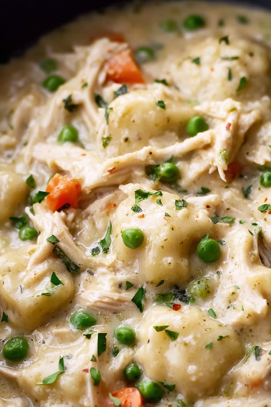 Easy Crock Pot Chicken and Dumplings Recipe 8 A close-up view of a creamy chicken stew filled with soft dumplings, tender white shredded chicken pieces spread throughout, bright green peas, and small orange carrot cubes mixed in a thick light beige sauce. Fresh chopped green herbs sprinkle the top, adding a vibrant touch against the smooth, rich sauce. The texture looks rich and smooth with bits of herbs clearly visible. This hearty dish fills the whole frame with warm and comforting colors. photo taken with an iphone --ar 2:3 --v 7 - Easy Crock Pot Chicken and Dumplings, slow cooker chicken and dumplings, beginner-friendly chicken stew, comforting crockpot recipes, hearty chicken and dumplings