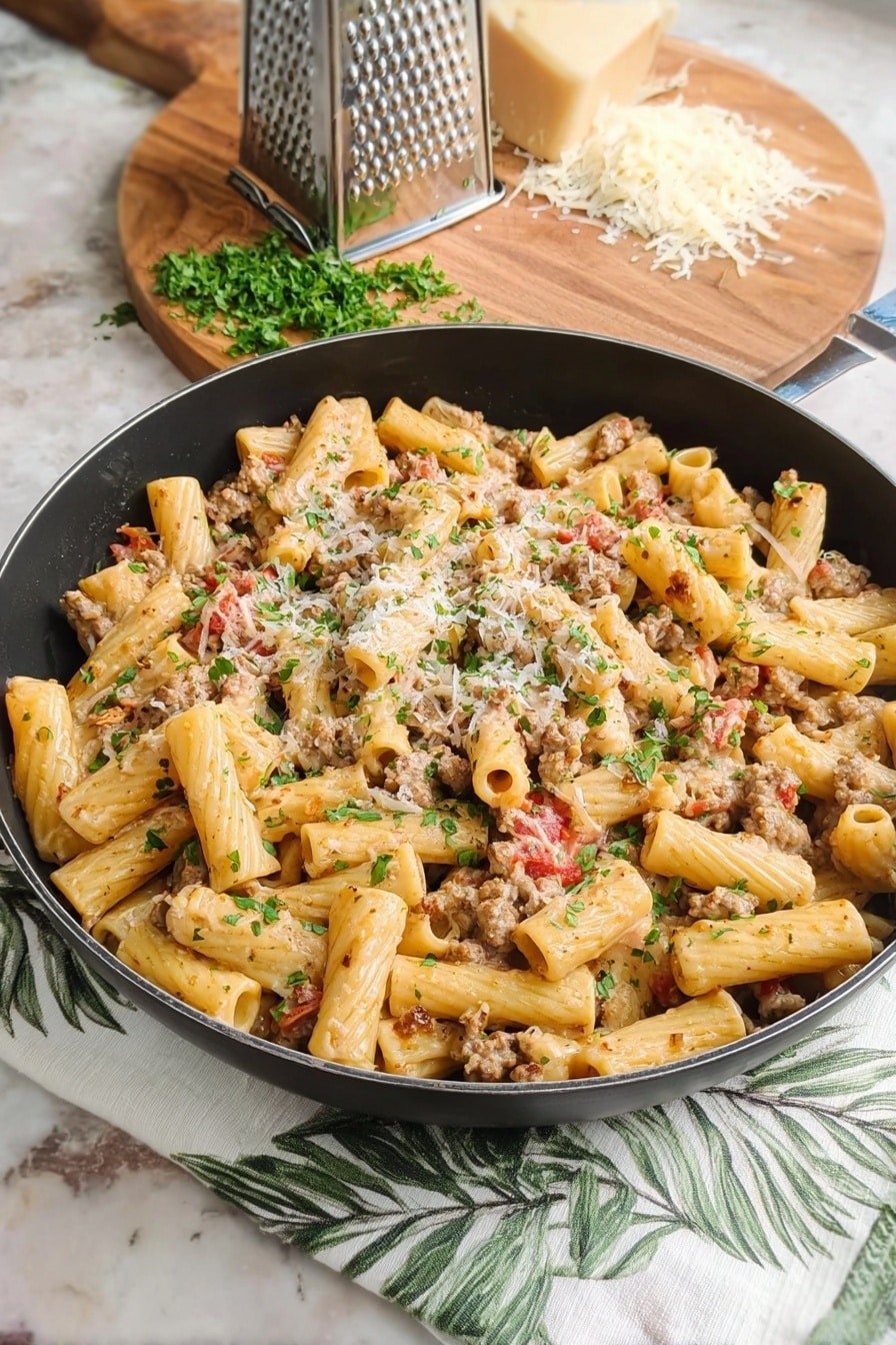 A close-up view of a skillet filled with rigatoni pasta layered with small pieces of browned meat and a creamy, light orange sauce that coats the pasta evenly. Small bits of red tomato and green herbs are scattered throughout, adding specks of color. The pasta tubes are plump and shiny, showing a smooth texture with slightly ridged surfaces. The skillet has a black, slightly worn edge with a silver handle that shows some discoloration from cooking. The background is a white marbled texture. photo taken with an iphone --ar 2:3 --v 7 - Creamy Parmesan Sausage Rigatoni, creamy sausage pasta, easy rigatoni recipes, weekend dinner ideas, comforting Italian pasta