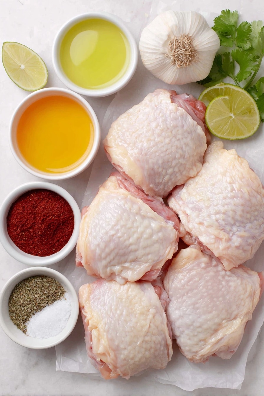 Easy Pollo Asado Recipe 7 Flat lay of fresh bone-in chicken thighs with skin on, a small white bowl of bright orange juice, a small white bowl of pale green lime juice, a small white bowl of golden olive oil, three whole uncracked garlic cloves, a small white bowl of deep red achiote powder, a small white bowl of ground cumin, a small white bowl of ground coriander, a small white bowl of dried oregano leaves, a small white bowl of coarse sea salt, a small white bowl of ground black pepper, a few lime wedges, and a small bunch of fresh green cilantro leaves placed on a clean white marble surface, soft natural light, photo taken with an iPhone, professional food photography style, fresh ingredients, white ceramic bowls, no bottles, no duplicates, no utensils, no packaging --ar 2:3 --v 7 --p m7354615311229779997 - Easy Pollo Asado, pollo asado marinade, grilled pollo asado, flavorful chicken recipes, Mexican chicken dishes