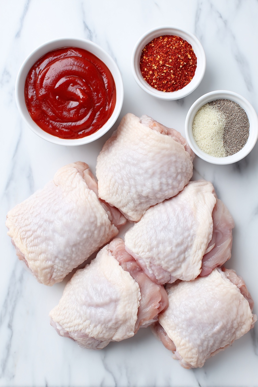 Air Fryer BBQ Chicken Thighs Recipe 7 Flat lay of six raw bone-in chicken thighs with skin, a small white bowl of red barbecue sauce, a small white bowl containing a mix of red chili powder, garlic powder, onion powder, black pepper, and salt, all arranged with perfect symmetry on a clean white marble surface, soft natural light, photo taken with an iPhone, professional food photography style, fresh ingredients, white ceramic bowls, no bottles, no duplicates, no utensils, no packaging --ar 2:3 --v 7 --p m7354615311229779997 - Air Fryer BBQ Chicken Thighs, BBQ Chicken Thighs, Air Fryer Chicken Recipes, Easy Chicken Dinner, Juicy Chicken Thighs