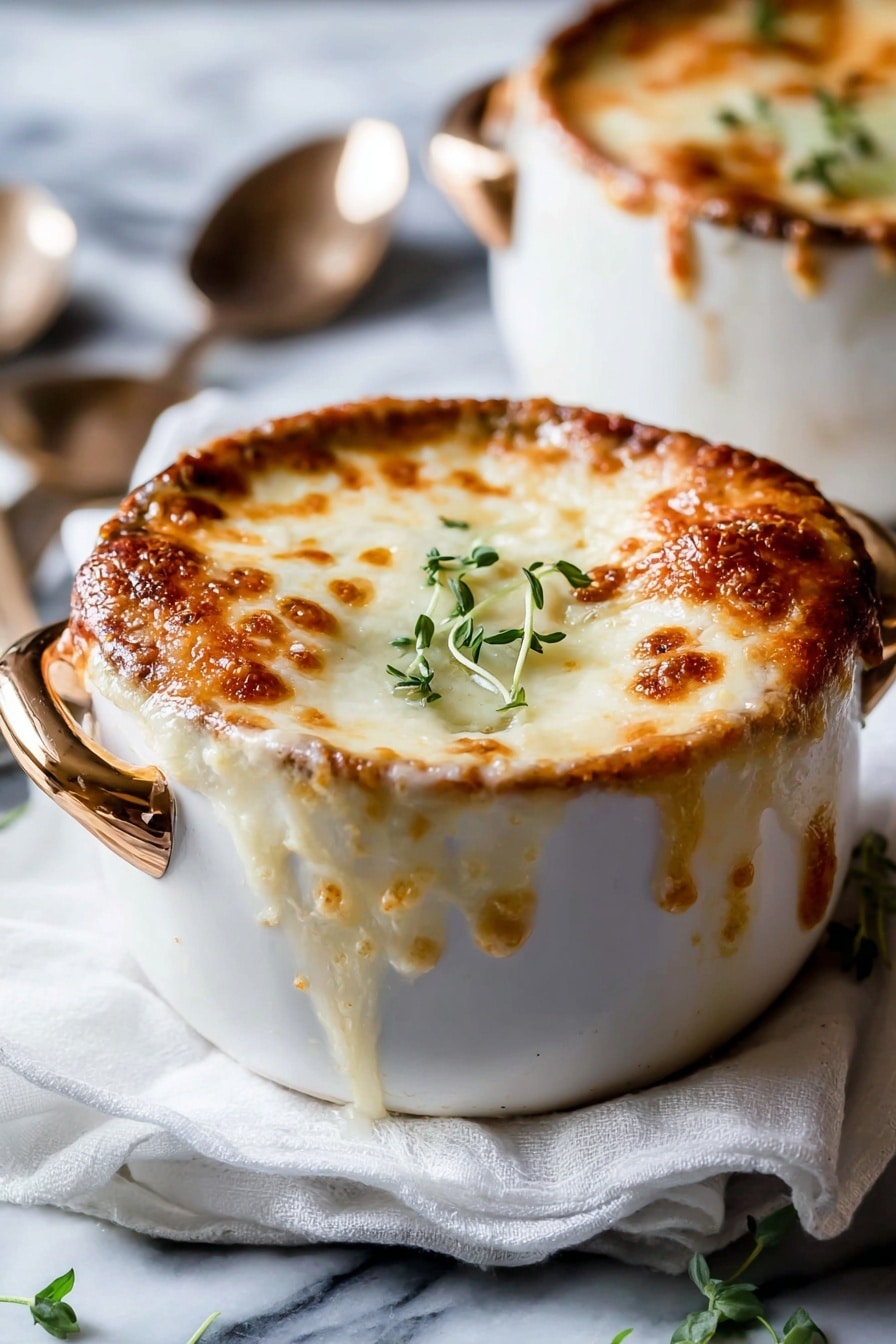 Easy French Onion Soup with Melted Cheese Recipe 8 A shiny copper pot with two handles holds a thick, creamy soup or stew that is light golden in color with a slightly lumpy texture. A spoon is scooping the soup from the pot, with a drip falling back into it. The soup appears rich and warm, with some darker brown crispy edges visible inside the pot. A woman's hand is holding the spoon on the right side of the image. The background is blurred and dark, making the pot and soup stand out clearly on a white marbled surface. photo taken with an iphone --ar 2:3 --v 7 - French Onion Soup with Melted Cheese, easy French onion soup, homemade French onion soup, caramelized onion soup, cheesy French onion soup