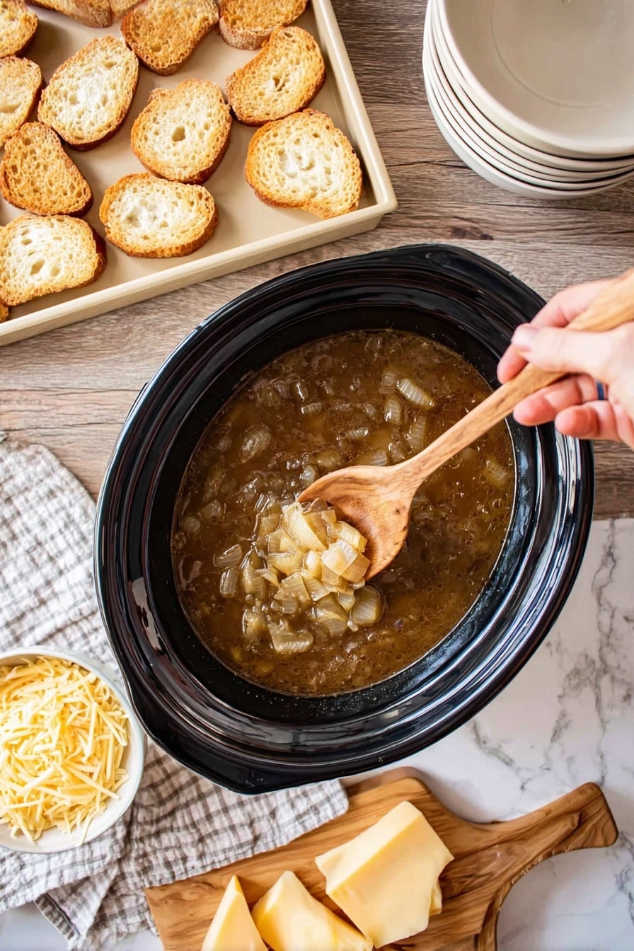 Slow Cooker French Onion Soup Recipe 6 A black slow cooker filled with a thick, brown onion soup with visible cooked onion slices. A woman's hand is holding a wooden spoon lifting a portion of the soup from the cooker. To the left, toasted light brown slices of bread are arranged on a beige tray above a wooden surface with a white marbled texture. Below the tray, a small white bowl filled with shredded pale yellow cheese and some slices of light yellow cheese with holes rest on a wooden chopping board. To the right of the slow cooker are stacked white bowls and a light-colored cloth with a checkered pattern under the cooker. Photo taken with an iphone --ar 2:3 --v 7 - Slow Cooker French Onion Soup, French Onion Soup, Easy French Onion Soup, Crockpot Onion Soup, Homemade French Onion Soup