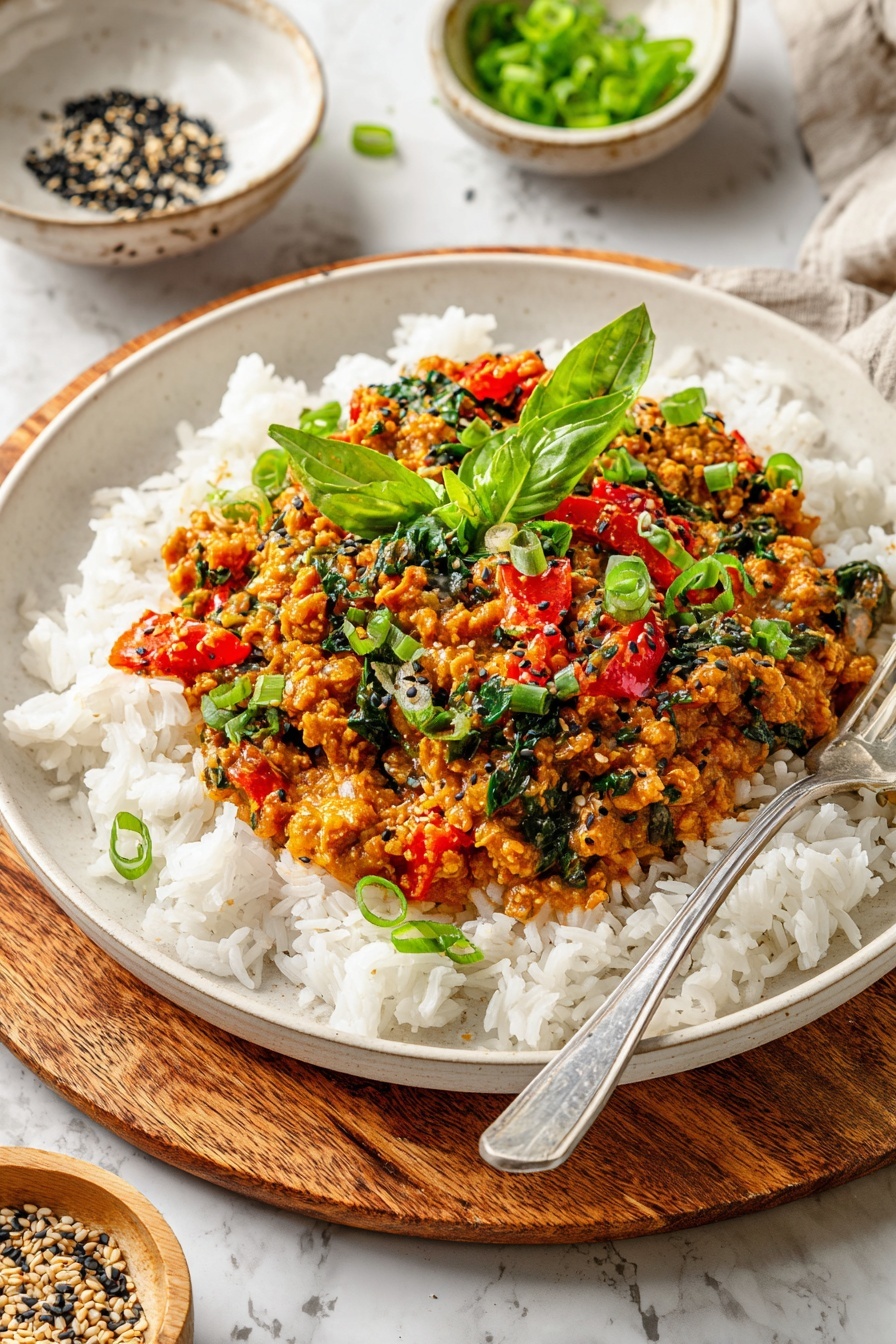 Gochujang Chicken Bowls Recipe 6 The dish shows a white deep plate filled with two main layers. The bottom layer is white fluffy long-grain rice, which is spread evenly across the plate. On top, there's a thick layer of orange-hued cooked minced chicken mixed with chopped red bell peppers and greens, giving it a vibrant and textured look. This layer is garnished with chopped green onions, fresh green basil leaves, and a sprinkle of white and black sesame seeds. A silver fork rests on the right side of the plate, partially touching the rice. The plate is placed on a wooden board over a white marbled surface, with small bowls containing green onions and sesame seeds in the background. Photo taken with an iphone --ar 2:3 --v 7 - Gochujang Chicken Bowls, spicy Korean chicken bowls, quick weeknight dinner, healthy chicken bowl recipes, flavorful Asian-inspired bowls