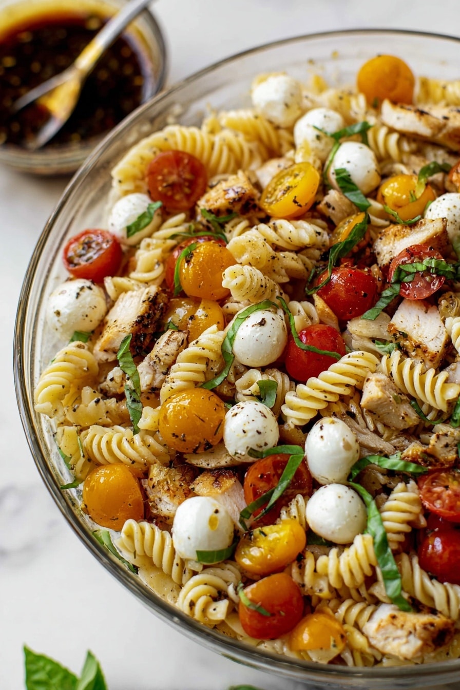 Grilled Chicken Caprese Pasta Salad Recipe 6 This image shows a close-up of a pasta salad in a clear glass bowl on a white marbled surface. The dish has about four main layers: the first layer consists of light yellow rotini pasta, twisted and curly. Scattered throughout are small white mozzarella balls with black pepper specks and several bright orange and red cherry tomato halves. There are chunks of grilled chicken with a browned exterior spread evenly. Thin green basil leaves are mixed in and placed on top for decoration. The salad appears lightly coated with a dressing causing a slight shine, and coarse black pepper is sprinkled over everything. In the blurry background, there is a glass bowl with a dark sauce with a spoon. Photo taken with an iphone --ar 2:3 --v 7 - Grilled Chicken Caprese Pasta Salad, Caprese pasta salad with grilled chicken, Fresh Italian pasta salad, Summer pasta salad recipes, Easy grilled chicken salads
