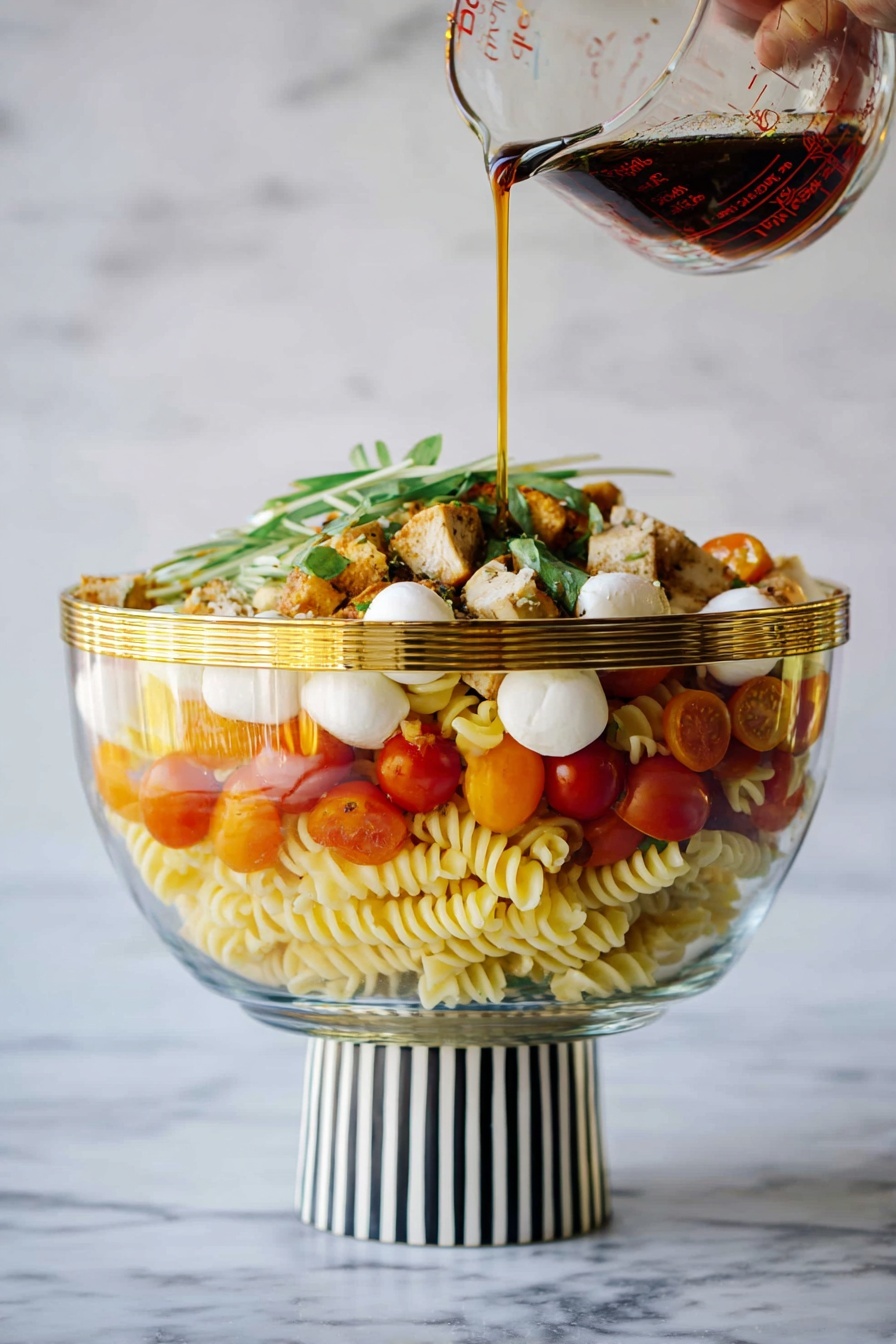 Grilled Chicken Caprese Pasta Salad Recipe 8 A clear glass bowl with a gold rim stands on a striped black and white base, filled with five visible layers: the bottom and third layers are pale yellow spiral pasta, the second layer consists of small pieces of light brown grilled chicken, the fourth layer shows bright red and orange cherry tomato halves, and the top layer contains white mozzarella balls mixed with thin green basil strips. A woman's hand holds a small clear measuring cup pouring a dark brown liquid over the salad, all set against a white marbled background photo taken with an iphone --ar 2:3 --v 7 - Grilled Chicken Caprese Pasta Salad, Caprese pasta salad with grilled chicken, Fresh Italian pasta salad, Summer pasta salad recipes, Easy grilled chicken salads