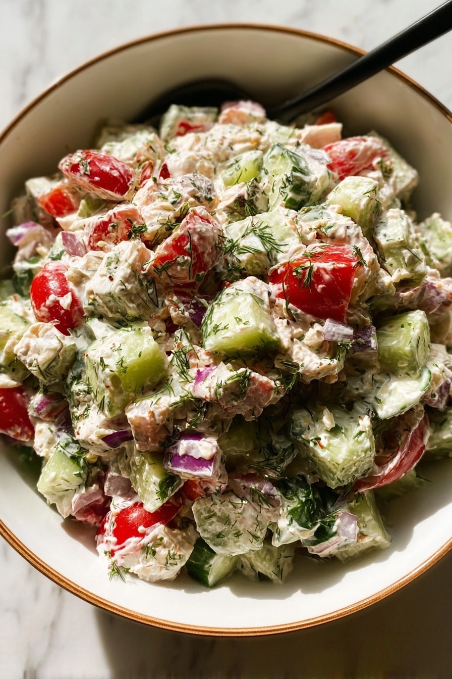Greek Chicken Tzatziki Salad Recipe 8 A close-up view of a thick salad in a white bowl with a thin brown rim, filled with creamy white mixed with chunks of light green celery, bright red tomato pieces, dark green cucumber slices, and small bits of purple onion, all mixed together and sprinkled lightly with green herbs, with a black spoon scooping some from the bowl, the whole scene set on a white marbled texture photo taken with an iphone --ar 2:3 --v 7 - Greek Chicken Tzatziki Salad, healthy Greek chicken salad, easy tzatziki chicken bowl, Mediterranean chicken salad, refreshing chicken salad with tzatziki