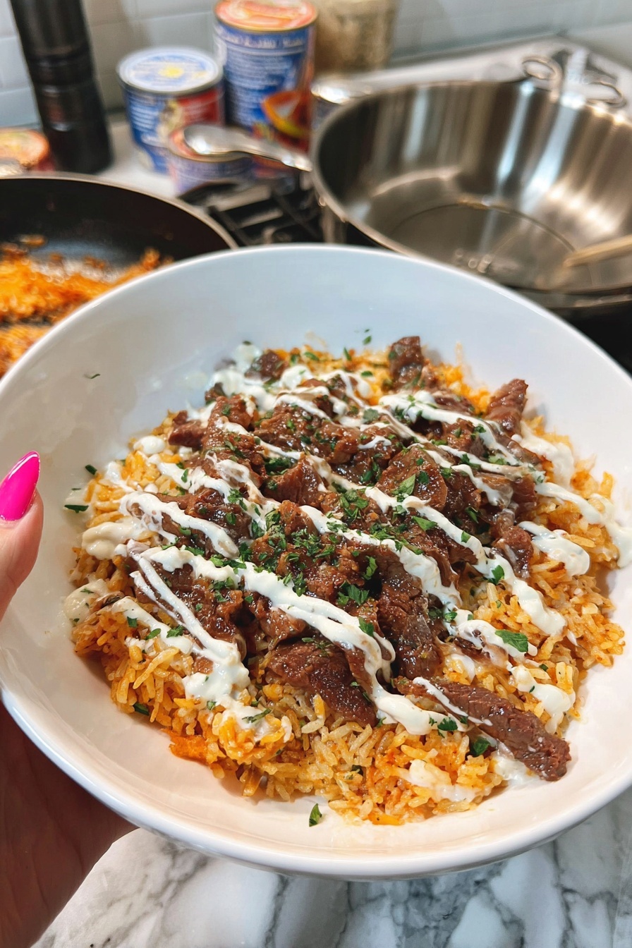 Steak and Queso Basmati Rice Recipe 8 A white bowl holds a layered dish starting with a base of orange-colored rice that has a slightly fluffy texture. On top of the rice, there are thin strips of cooked brown meat scattered evenly across the surface. The meat is drizzled with a creamy white sauce, adding a smooth texture and light color contrast. Small bits of chopped green herbs are sprinkled lightly over the top, adding a fresh touch. The background features a white marbled kitchen surface with cooking pans and cans nearby, while a woman's hand with pink nails holds the bowl on the left side. photo taken with an iphone --ar 2:3 --v 7 - Steak and Queso Basmati Rice, steak and queso recipe, flavorful beef and rice dish, easy steak and cheese skillet, comforting rice and steak dinner