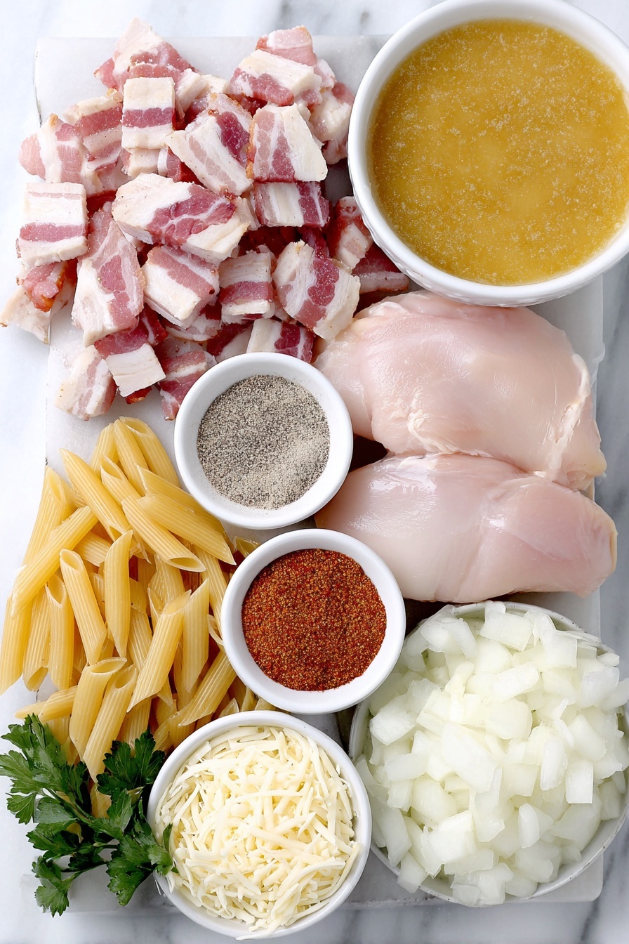 Crack Chicken Penne Skillet Recipe 7 Flat lay of crispy diced raw bacon slices, two uncooked boneless skinless chicken breast cubes, a small mound of diced white onion, a small white bowl of reddish Cajun seasoning powder, a small white bowl of ground black pepper, a small white bowl of dry ranch seasoning mix, a simple white ceramic bowl filled with golden low sodium chicken broth, a pile of uncooked penne pasta, cream cheese cut into soft cubes, a small white bowl of creamy condensed soup, a small white bowl with shredded mozzarella cheese, a small white bowl with shredded sharp cheddar cheese, a few fresh sprigs of chopped parsley placed neatly, all arranged symmetrically on a clean white marble surface, soft natural light, photo taken with an iPhone, professional food photography style, fresh ingredients, white ceramic bowls, no bottles, no duplicates, no utensils, no packaging --ar 2:3 --v 7 --p m7354615311229779997 - Crack Chicken Penne Skillet, creamy chicken pasta, cheesy skillet dinner, easy weeknight pasta, loaded chicken penne
