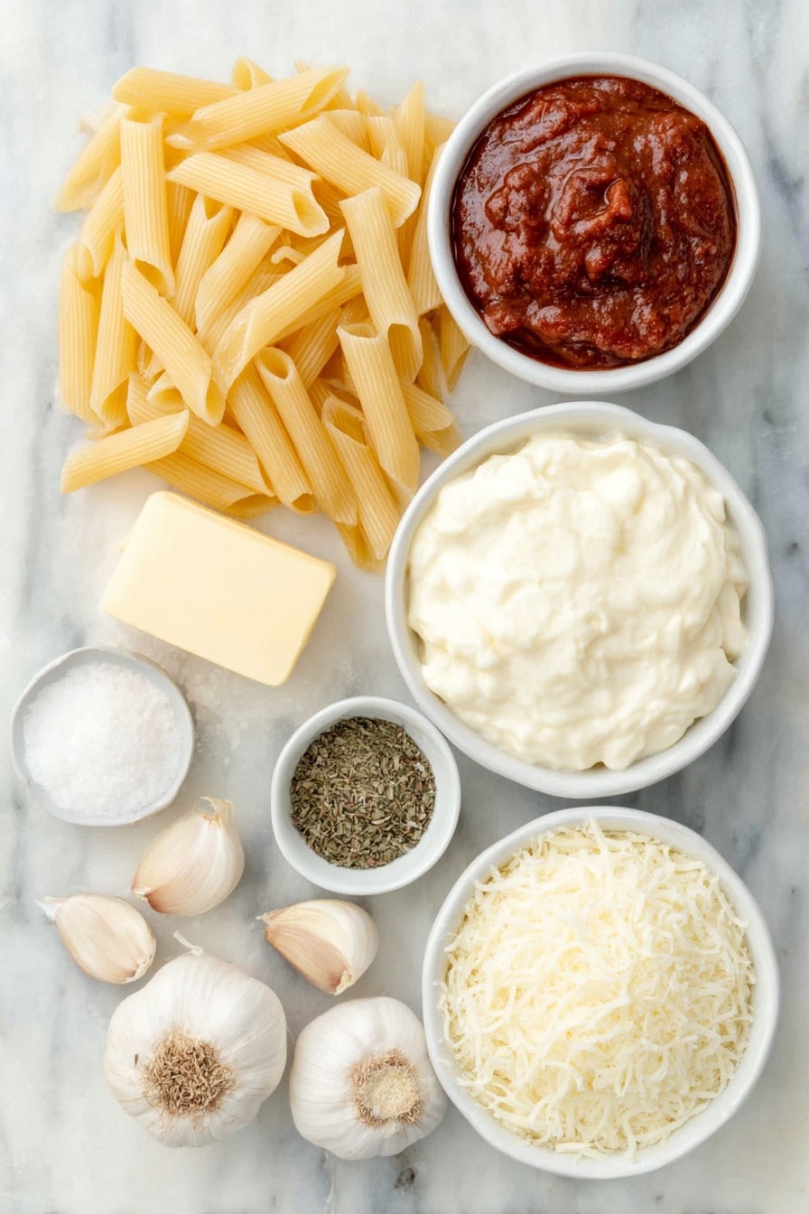 Creamy Tomato Pasta Recipe 7 Flat lay of a small pile of dry uncooked penne pasta, a few whole cloves of fresh garlic with papery skins intact, a small pat of golden butter, a small white bowl of deep red tomato paste, a small white bowl of smooth rich tomato sauce, a small white bowl of thick creamy heavy cream, a small white bowl of mixed Italian dried herbs, a small white bowl of coarse salt crystals, a small white bowl of whole black peppercorns, and a small white bowl filled with finely grated fresh parmesan cheese, all arranged symmetrically on a clean white marble surface, soft natural light, photo taken with an iPhone, professional food photography style, fresh ingredients, white ceramic bowls, no bottles, no duplicates, no utensils, no packaging --ar 2:3 --v 7 --p m7354615311229779997 - Creamy Tomato Pasta, easy tomato pasta, quick pasta dinner, creamy pasta recipes, comforting pasta dishes