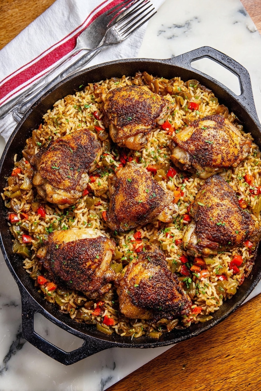 Jerk Chicken and Rice Recipe 8 A cast iron pan filled with cooked rice mixed with small pieces of red and green bell peppers and herbs forms the base layer, showing a slightly crispy texture around the edges. On top of the rice, there are eight pieces of browned and seasoned chicken thighs arranged evenly in a circle around the center. The chicken pieces have a golden to dark brown color with some charring and visible seasoning on the skin. Small bits of red and green peppers are scattered over the rice and chicken, adding splashes of color. The pan sits on a white marbled surface, next to a white cloth with red stripes and a fork nearby. Photo taken with an iphone --ar 2:3 --v 7 - Jerk Chicken and Rice, jerk chicken recipe, Caribbean rice dish, spicy chicken and rice, one-pot jerk chicken rice