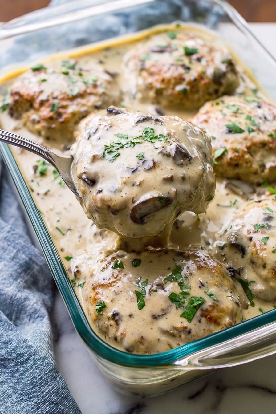 Poor Man's Hamburger Steaks with Creamy Mushroom Gravy Recipe 8 A clear glass baking dish holds six large, round patties covered in creamy, light beige sauce with small dark bits, likely mushrooms, mixed in. Each patty is thick and mostly round, with a smooth, slightly textured surface. Fresh green herbs are sprinkled on top of the patties and sauce, adding color contrast. A silver spoon lifts one patty from the dish, showing the creamy sauce at the bottom and sides. The dish is on a white marbled surface, with a blue and white cloth partially visible underneath. The lighting is soft and natural, highlighting the sauce’s creamy texture and the herbs. photo taken with an iphone --ar 2:3 --v 7 - Poor Man's Hamburger Steaks with Creamy Mushroom Gravy, budget-friendly comfort food recipes, hearty mushroom gravy recipes, easy hamburger steak dinners, simple comfort food ideas