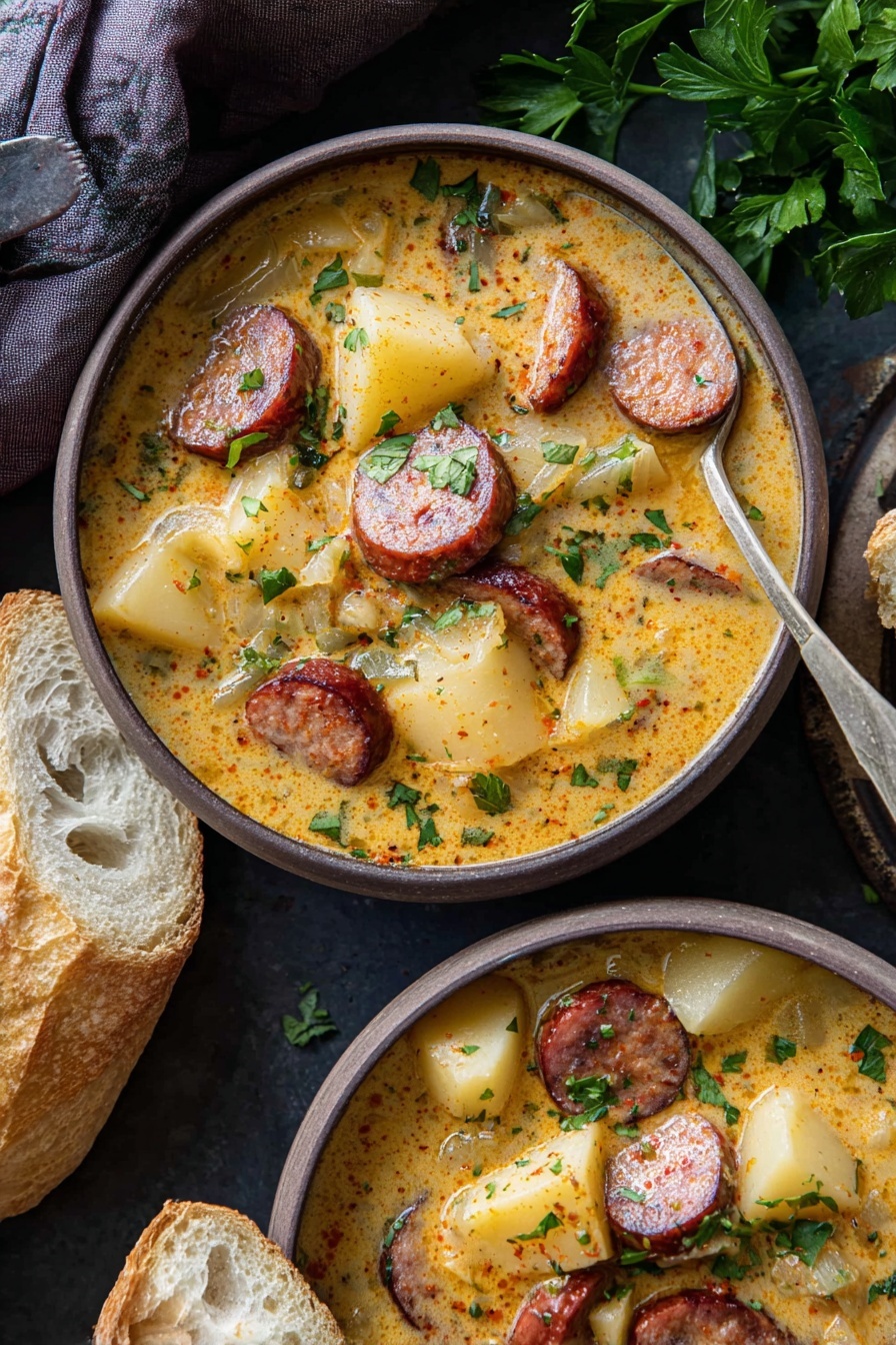 Cajun Potato Soup with Sausage Recipe 6 A close-up view of two bowls filled with creamy sausage soup, each bowl holding a mix of sliced brown sausage and large pale yellow potato chunks all covered in a thick orange-yellow broth speckled with herbs. The bowls sit on a dark surface with fresh green parsley scattered around, a white marbled texture underneath. A silver spoon rests inside the bottom bowl, with a torn piece of crusty bread placed nearby on the surface. The photo has warm lighting highlighting the textures of the soup and the bread. Photo taken with an iphone --ar 2:3 --v 7 - Cajun Potato Soup with Sausage, Cajun Potato Soup, spicy potato soup recipes, hearty sausage potato soup, Cajun comfort food