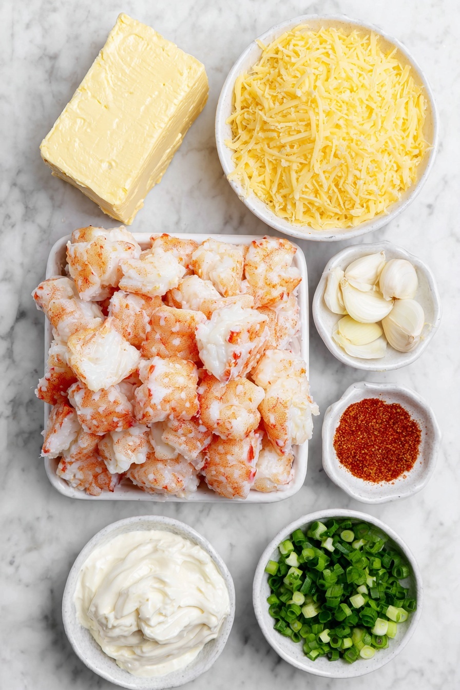 Crab and Shrimp Dip Recipe 7 Flat lay of fresh snow crab meat chopped into chunky pieces, medium cooked shrimp peeled and chopped, a softened block of cream cheese on a simple white ceramic plate, small white bowls filled with mayonnaise and sour cream, shredded medium cheddar cheese piled neatly on a white ceramic dish, divided shredded Parmesan cheese in two small white bowls, a small bunch of chopped green onions on a white plate, four large garlic cloves peeled and whole, a small white bowl holding bright lemon zest, a small white bowl with reddish Old Bay seasoning powder, sliced green onion rings and freshly chopped Roma tomato pieces arranged on a white dish, all placed on a clean white marble surface, soft natural light, photo taken with an iPhone, professional food photography style, fresh ingredients, white ceramic bowls, no bottles, no duplicates, no utensils, no packaging --ar 2:3 --v 7 --p m7354615311229779997 - Crab and Shrimp Dip, Seafood Dip Recipe, Creamy Seafood Appetizer, Easy Crab and Shrimp Dip, Party Crab Dip