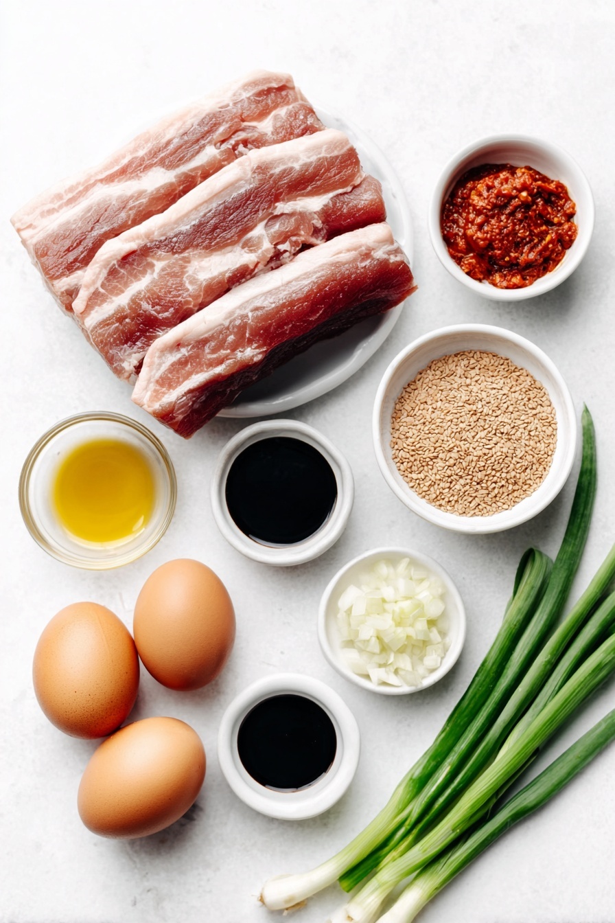 Korean Pork Belly Stir-Fry Recipe 7 Flat lay of fresh pork belly slices, a small bowl of vibrant red Korean hot pepper paste (gochujang), a small bowl of bright red Korean hot pepper flakes (gochugaru), a small bowl of dark soy sauce, a small bowl of golden toasted sesame oil, a small bowl of glossy honey, a small heap of minced fresh ginger, a few thinly sliced onion halves, four green onion stalks cut into short segments, a scattering of toasted sesame seeds, whole uncracked brown eggs -- none cracked or opened -- all arranged in perfect symmetry on simple white ceramic bowls and plates, placed on a clean white marble surface, soft natural light, photo taken with an iPhone, professional food photography style, fresh ingredients, white ceramic bowls, no bottles, no duplicates, no utensils, no packaging --ar 2:3 --v 7 --p m7354615311229779997 - Korean Pork Belly Stir-Fry, Korean Pork Belly, spicy pork stir-fry, quick Korean dinner, Korean pork belly recipe