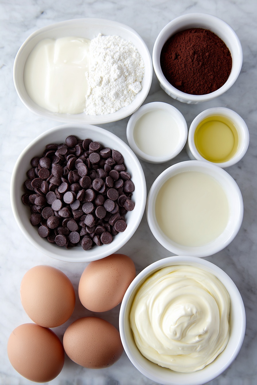 Crockpot Hot Chocolate Recipe 7 Flat lay of a small white ceramic bowl filled with glossy semi-sweet chocolate chips, a small white bowl of smooth unsweetened cocoa powder, a small white bowl holding rich heavy whipping cream, a small white bowl with golden sweetened condensed milk, a small white bowl containing fresh whole milk, a single small white bowl with clear vanilla extract, and two whole uncracked brown eggs arranged symmetrically, placed on a clean white marble surface, soft natural light, photo taken with an iPhone, professional food photography style, fresh ingredients, white ceramic bowls, no bottles, no duplicates, no utensils, no packaging --ar 2:3 --v 7 --p m7354615311229779997 - Crockpot Hot Chocolate, easy hot chocolate recipe, slow cooker hot cocoa, creamy hot chocolate, comforting winter drinks