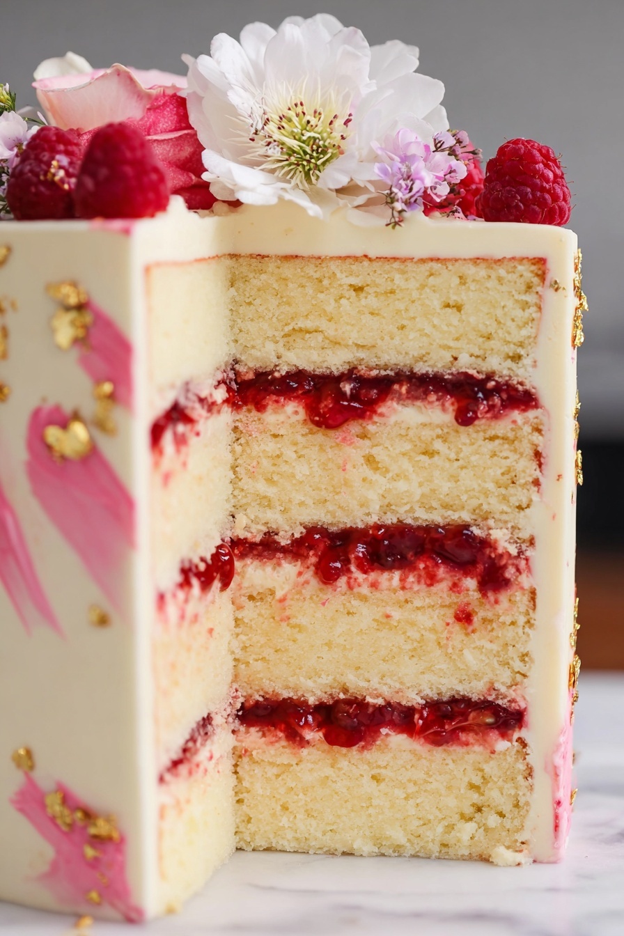 Homemade Raspberry Cake Filling Recipe 6 A slice of four-layer white cake is placed on a white plate with subtle ridged details. The cake has three evenly spaced layers of red berry filling between the four thick, soft, and light cream-colored cake layers. The outside is covered with smooth creamy white frosting. In the background, a bowl filled with fresh red raspberries sits on a white marbled surface, along with a gold fork and a red cake server piece resting nearby. Photo taken with an iphone --ar 2:3 --v 7 - Homemade Raspberry Cake Filling, raspberry cake filling recipe, easy raspberry cake filling, fresh raspberry dessert filling, fruit-filled cake layers
