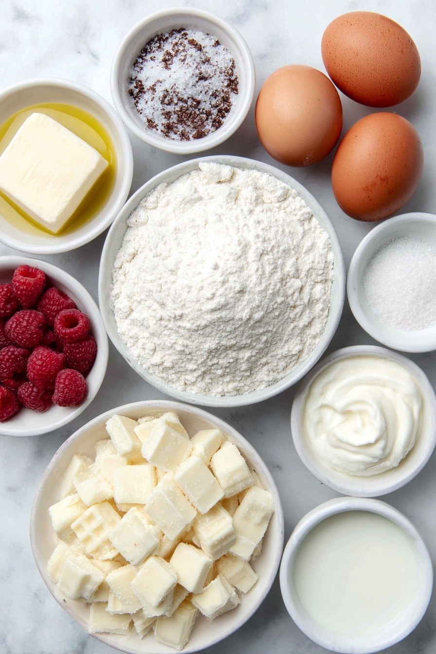 White Chocolate Raspberry Cake Recipe 7 Flat lay of a small mound of all-purpose flour, a small mound of granulated sugar, a few fresh raspberries, two large whole uncracked brown eggs, a few tablespoons of softened unsalted butter shaped into a small pat, a small white ceramic bowl with sunflower oil, a small white ceramic bowl with whole milk, a small white ceramic bowl with full fat sour cream, a small white ceramic bowl with pure vanilla extract, a small white ceramic bowl with baking powder, a small white ceramic bowl with baking soda, a small white ceramic bowl with salt, and a pile of chopped white chocolate pieces placed on a clean white marble surface, soft natural light, photo taken with an iPhone, professional food photography style, fresh ingredients, white ceramic bowls, no bottles, no duplicates, no utensils, no packaging --ar 2:3 --v 7 --p m7354615311229779997 - White Chocolate Raspberry Cake, raspberry white chocolate cake, white chocolate berry dessert, easy raspberry cake recipe, moist white chocolate cake