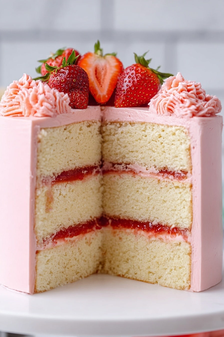 Strawberry Mousse Cake Filling Recipe 8 The image shows a two-layer round cake with golden brown sponge layers. Between the sponge layers, there is a thick layer of smooth pink frosting. On top of the cake, a ring of pink frosting forms a border, inside of which is a shiny red jam layer. A large dollop of fluffy pink frosting is being added on top, held by a woman's hand out of the frame. The cake sits on a white cake stand with a white marbled surface in the background. Photo taken with an iphone --ar 2:3 --v 7 - Strawberry Mousse Cake Filling, strawberry mousse recipe, white chocolate strawberry filling, berry cake filling, fluffy berry mousse