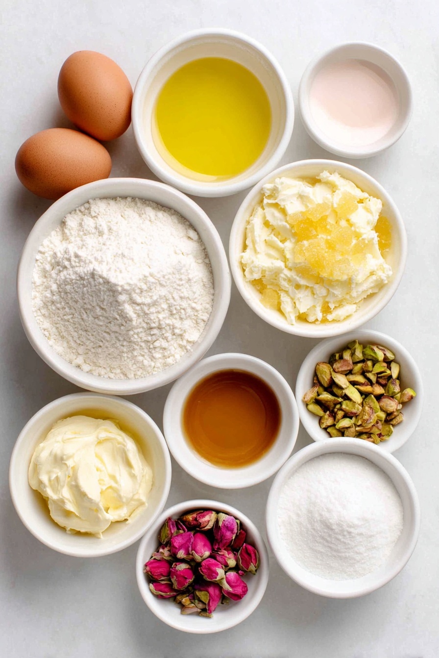 Persian Love Cake with Rose and Cardamom Recipe 7 Flat lay of a small white ceramic bowl filled with granulated sugar, a small heap of fresh lemon zest, two whole brown eggs with clean shells, a small white bowl of clear vegetable oil, a small white bowl of pale pink rose water, a small white bowl of light golden vanilla extract, a neat pile of all-purpose flour, a small mound of fine almond flour, a small heap of ground cardamom, a small heap of baking powder, a small heap of fine salt crystals, a small white bowl of powdered sugar, a small white bowl of whole milk, a small white bowl of chopped green pistachios, a small pile of fresh vibrant pink rose petals, a small pile of golden candied ginger pieces all arranged in perfect symmetry on a clean white marble surface, soft natural light, photo taken with an iPhone, professional food photography style, fresh ingredients, white ceramic bowls, no bottles, no duplicates, no utensils, no packaging --ar 2:3 --v 7 --p m7354615311229779997 - Persian Love Cake with Rose and Cardamom, Persian flower cake, Rose and cardamom cake, Persian dessert recipes, Romantic Persian cake