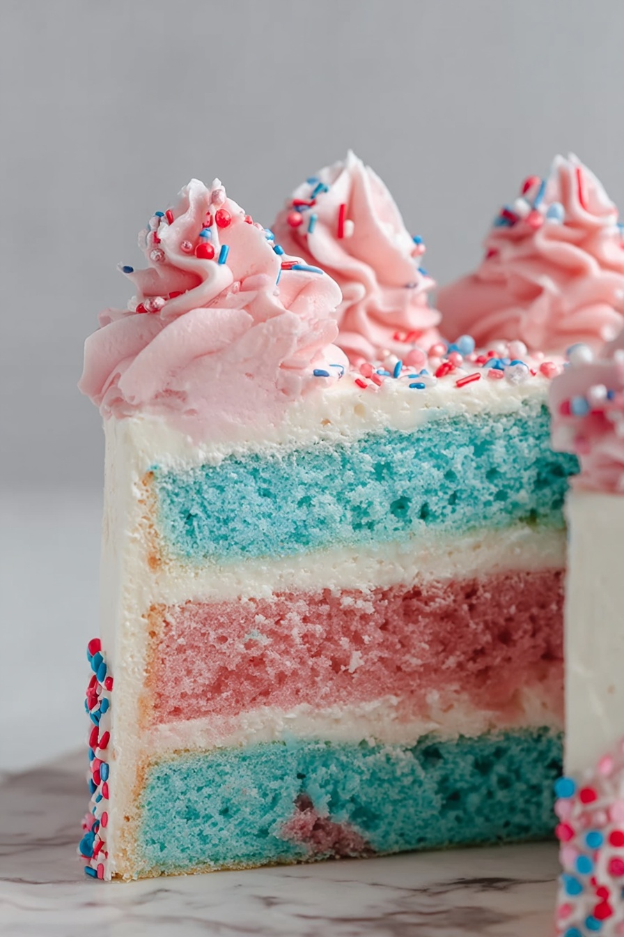Watercolor Cake with Buttercream Frosting Recipe 6 This image shows a close-up of a three-layer cake with smooth white icing between each layer and around the outside. The top layer is bright blue with a fluffy texture, the middle layer is pink and has a similar light texture, and the bottom layer is blue again. The top of the cake is decorated with swirled pink frosting in tall peaks, sprinkled with small colorful round and stick-shaped sprinkles in red, white, blue, and pink. The background is a plain light gray and the base the cake is on has a white marbled texture. Photo taken with an iphone --ar 2:3 --v 7 - Watercolor Cake with Buttercream Frosting, watercolor cake tutorial, elegant birthday cake, pastel buttercream cake, artistic celebration cake