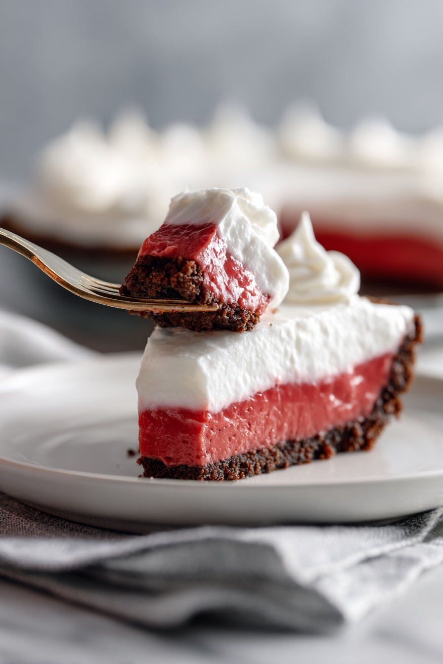 No-Bake Red Velvet Cheesecake Recipe 8 A heart-shaped dessert with three layers on a black plate over a white marbled surface; the bottom layer is dark brown, crumbly chocolate crust, the middle layer is thick and smooth red velvet filling, and the top layer is soft, fluffy white cream. A gold fork is gently cutting into the cream layer from the right side. The background is blurred dark with soft lighting. Photo taken with an iphone --ar 2:3 --v 7 - No-Bake Red Velvet Cheesecake, Red Velvet Cheesecake, No-Bake Cheesecake Recipes, Easy Cheesecake Desserts, Cream Cheese Cheesecake