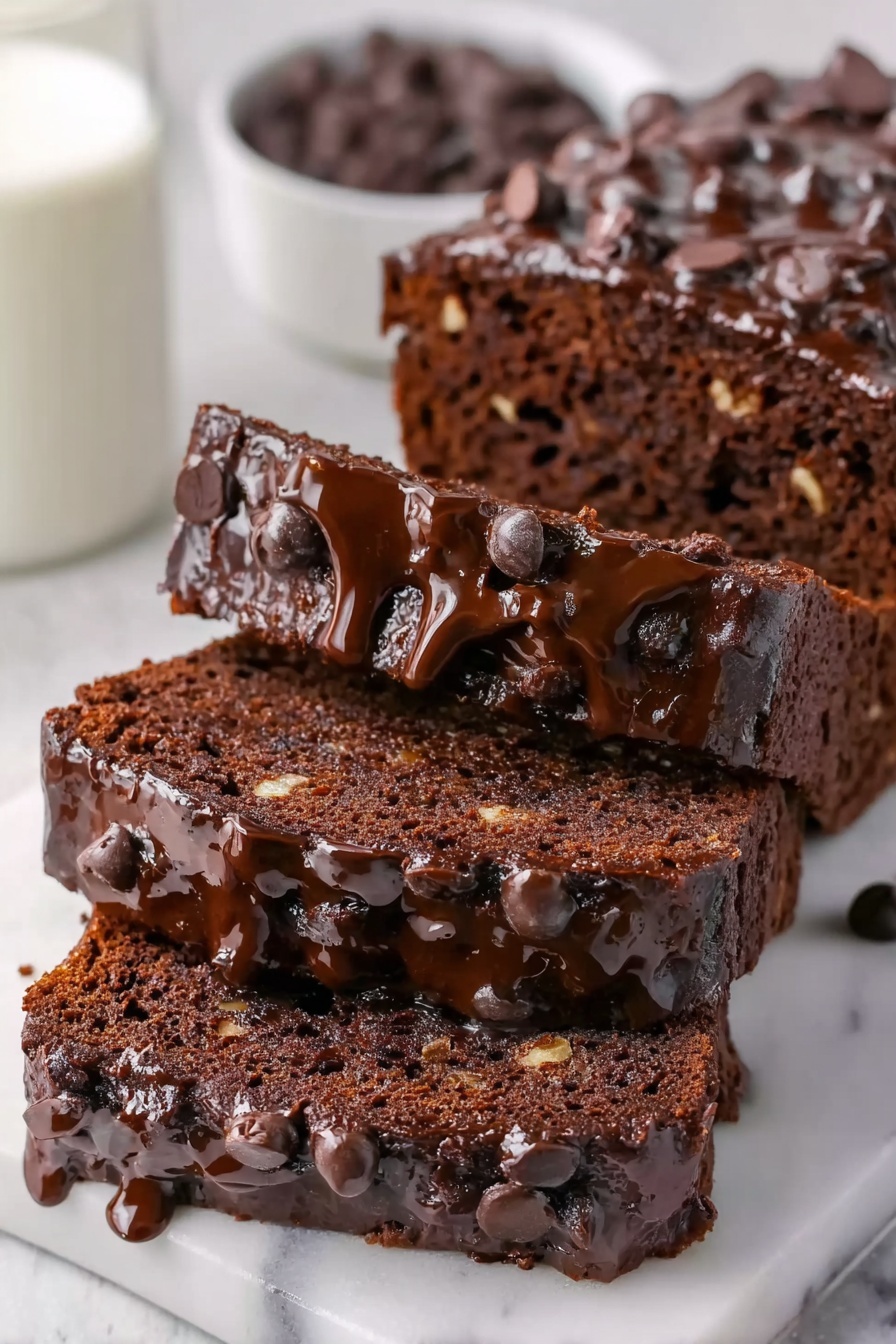 Healthy Chocolate Banana Bread Recipe 8 The image shows a close-up of three slices of rich chocolate cake stacked on a white marbled surface. The top layer is thick and glossy, covered with melted chocolate dripping over the edges and scattered with chocolate chips. The middle and bottom layers have a moist, dark brown texture filled with small pieces of nuts. The background includes a white bowl filled with chocolate chips and a glass of milk partly shown. photo taken with an iphone --ar 2:3 --v 7 - Healthy Chocolate Banana Bread, healthy banana bread, chocolate banana bread, nutritious banana cake, low-sugar chocolate bread