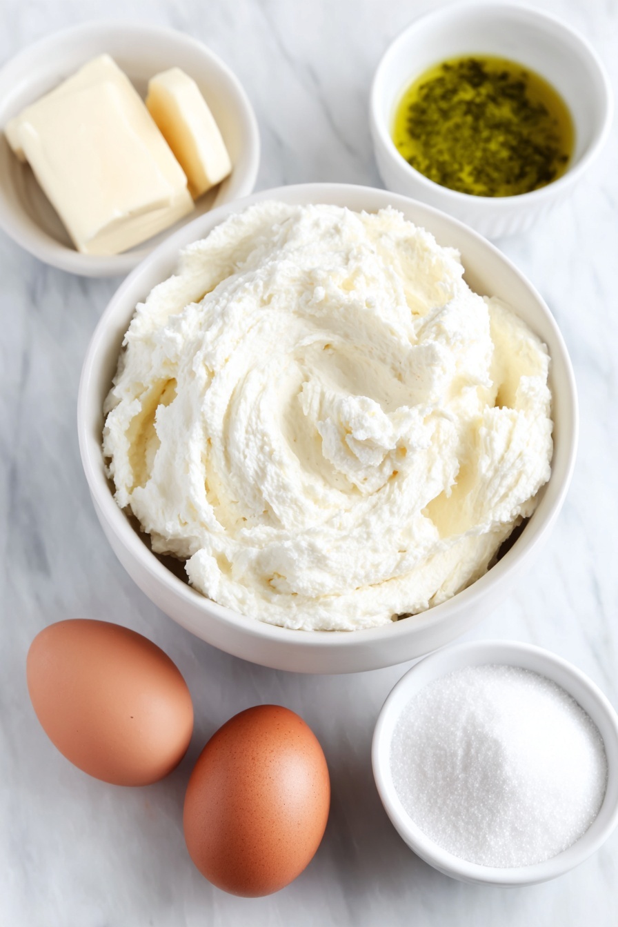 St. Patrick’s Day Green Sugar Cookies Recipe 7 Flat lay of a simple white ceramic bowl filled with fluffy white cake mix, two whole uncracked brown eggs with clean shells beside it, a small white bowl holding golden vegetable oil, a small white bowl with bright Kelly green gel food coloring, a small white bowl of sparkling granulated sugar, and another small white bowl of soft powdered sugar, all arranged in perfect symmetry with realistic proportions, placed on a clean white marble surface, soft natural light, photo taken with an iPhone, professional food photography style, fresh ingredients, white ceramic bowls, no bottles, no duplicates, no utensils, no packaging --ar 2:3 --v 7 --p m7354615311229779997 - St. Patrick’s Day Green Sugar Cookies, green holiday cookies, easy festive cookie recipe, green icing sugar cookies, Irish-themed treats