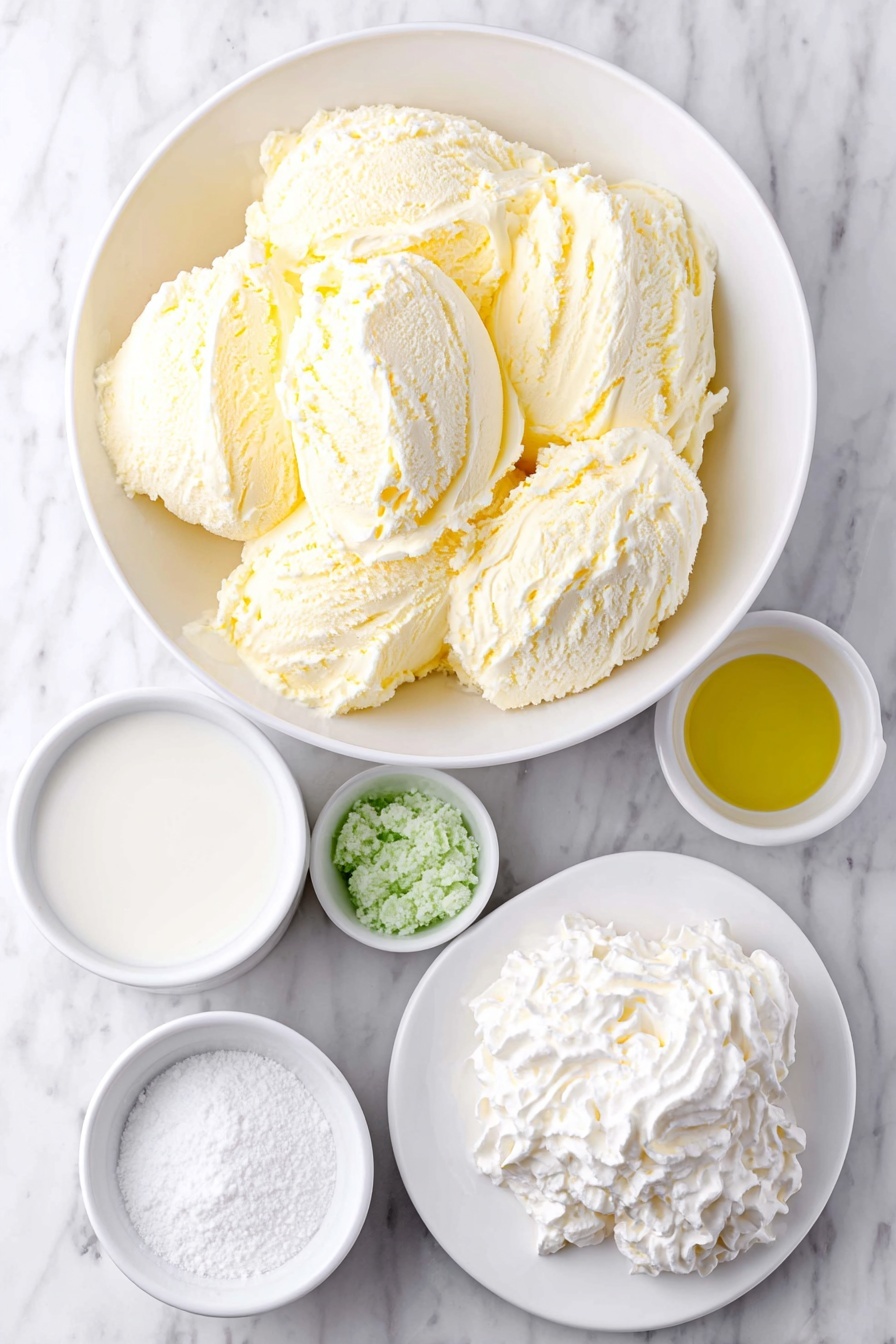 Mint Shamrock Shake Recipe 7 Flat lay of fresh scoops of creamy vanilla ice cream in a simple white ceramic bowl, a small white bowl filled with whole milk, a small white bowl containing bright green liquid food coloring, a small white bowl with clear mint extract, and a dollop of fresh whipped cream on a small white plate, arranged in perfect symmetry, all placed on a clean white marble surface, soft natural light, photo taken with an iPhone, professional food photography style, fresh ingredients, white ceramic bowls, no bottles, no duplicates, no utensils, no packaging --ar 2:3 --v 7 --p m7354615311229779997 - Mint Shamrock Shake Mint Shamrock Shake Recipe St. Patrick's Day Mint Milkshake