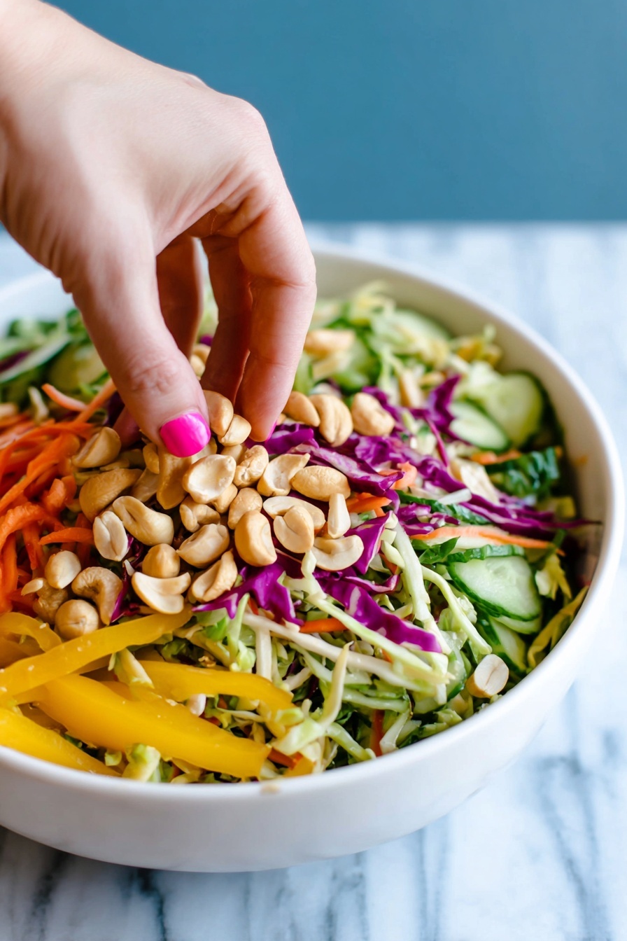 A white bowl filled with a colorful salad showing three main layers: the bottom layer is shredded green and purple cabbage mixed with thin carrot strips; the middle layer has sliced cucumbers and vibrant yellow bell peppers scattered throughout; the top layer is sprinkled with whole cashews being added by a woman's hand with pink nail polish above the salad; the texture of vegetables looks fresh and crunchy, all placed on a white marbled surface with a blurred blue background. photo taken with an iphone --ar 2:3 --v 7 - Asian Crunch Salad with Cashews, Asian Crunch Salad, healthy Asian salad, crunchy vegetable salad, easy Cashew Salad