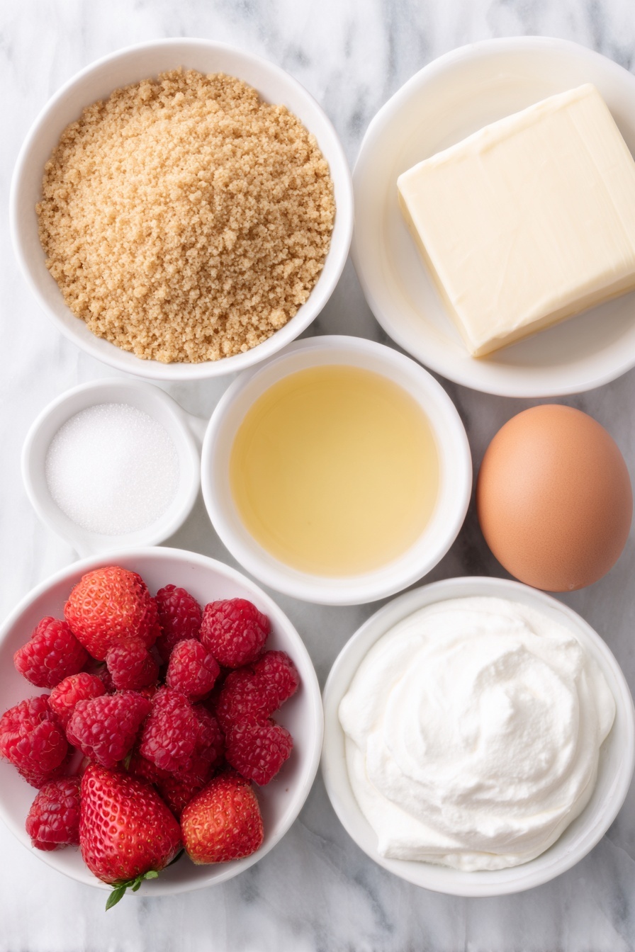 No-Bake Cheesecake Cups Recipe 7 Flat lay of a small white ceramic bowl of golden graham cracker crumbs, a small white ceramic bowl with smooth melted butter, an uncracked whole brown egg, a block of soft cream cheese on a white ceramic plate, a small white ceramic bowl filled with granulated sugar, a small white ceramic bowl of heavy whipping cream, a small white ceramic bowl with clear vanilla extract, fresh raspberries and strawberries arranged neatly on a white ceramic plate, placed on a clean white marble surface, soft natural light, photo taken with an iPhone, professional food photography style, fresh ingredients, white ceramic bowls, no bottles, no duplicates, no utensils, no packaging --ar 2:3 --v 7 --p m7354615311229779997 - No-Bake Cheesecake Cups, no-bake dessert, easy cheesecake recipe, creamy cheesecake cups, simple dessert ideas