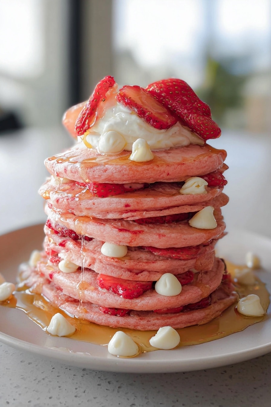 A tall stack of seven pink pancakes sits on a white plate over a white marbled surface, each pancake separated by fresh red strawberry pieces and white chocolate chips. The pancakes have a soft texture with syrup dripping down the sides and pooling slightly on the plate. The top of the stack is crowned with a dollop of white whipped cream, a red strawberry slice, and more syrup glistening under the light. The background is soft and blurry with natural daylight. photo taken with an iphone --ar 2:3 --v 7 - Strawberries and Cream Protein Pancakes, healthy pancake recipes, high-protein breakfast ideas, strawberry breakfast ideas, easy protein pancakes