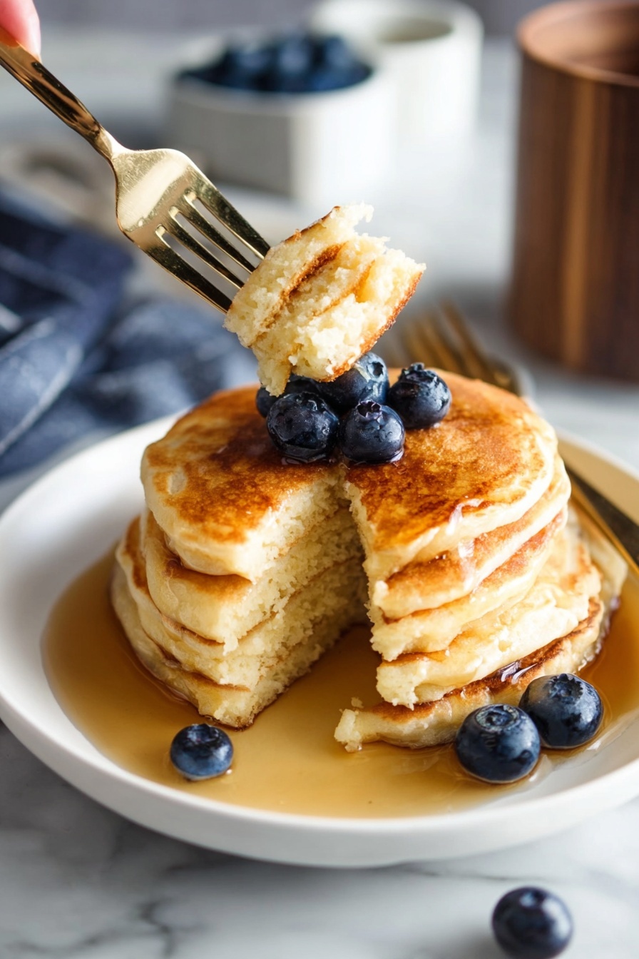 A stack of four golden brown pancakes sits center on a white plate, with syrup pooling around the base and soaking slightly into the bottom pancake. Three fresh blueberries rest on top of the stack, and several more blueberries are scattered around the plate's edges. A woman's hand holds a fork piercing a bite-sized piece from the middle of the top pancake, lifting it up to show the soft, fluffy inside. The plate is set on a white marbled surface with a few blueberries and a gold fork nearby, while the background features blurred containers, including one filled with more blueberries. Photo taken with an iphone --ar 2:3 --v 7 - Vegan Fluffy Pancakes, vegan pancake recipe, plant-based breakfast, gluten-free vegan pancakes, fluffy vegan breakfast