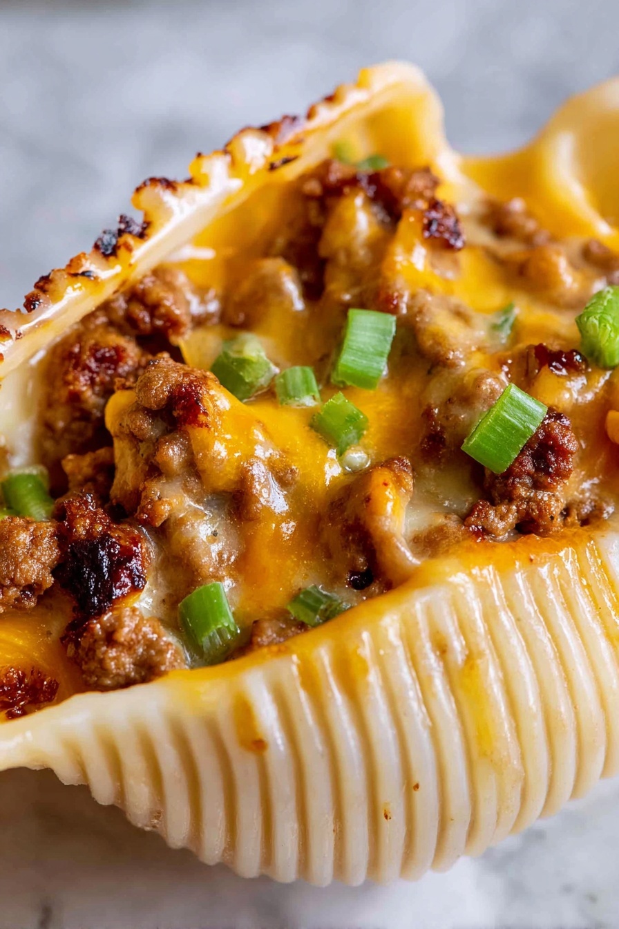 Philly Cheesesteak Stuffed Shells Recipe 6 The image shows a close-up of a large seashell pasta stuffed with three main layers. The outer layer is the shell, which is creamy beige and ridged with a smooth, slightly shiny texture. Inside, the first filling layer is browned, crumbled meat with a crispy texture and dark charred spots. The second layer is melted orange cheddar cheese spread unevenly over the meat, looking thick and creamy. Scattered within the filling are small pieces of bright green diced vegetables, adding a fresh color contrast. The background and surface are white with a soft marbled texture. Photo taken with an iphone --ar 2:3 --v 7 - Philly Cheesesteak Stuffed Shells, cheesesteak pasta bake, stuffed pasta recipes, easy cheesesteak dinner, comfort food casserole